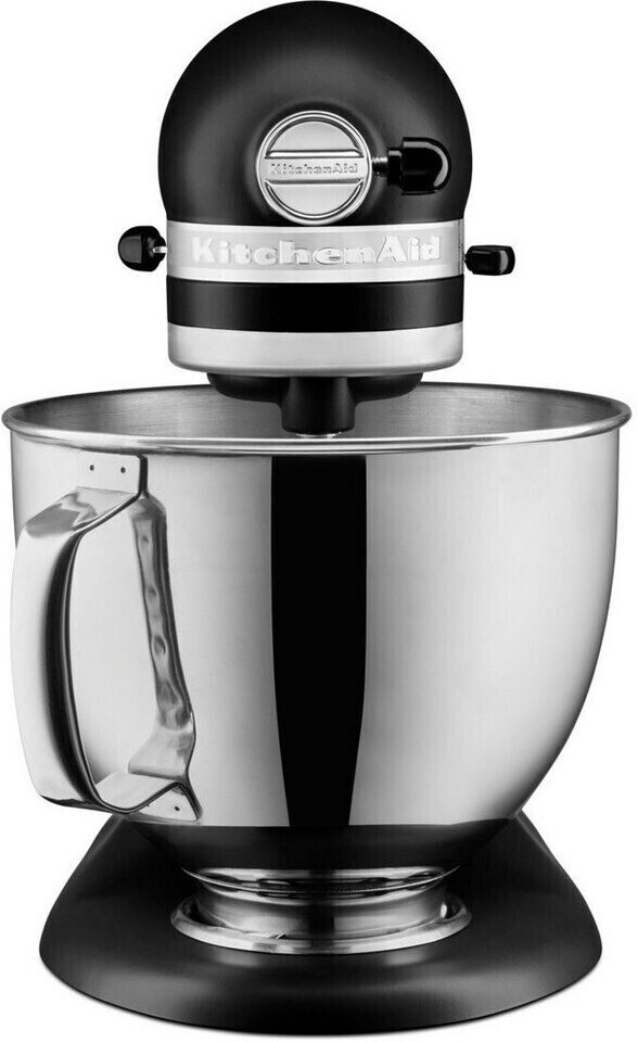Fekete KitchenAid robotgép rozsdamentes acél tálal. Fehér háttérre izolálva.