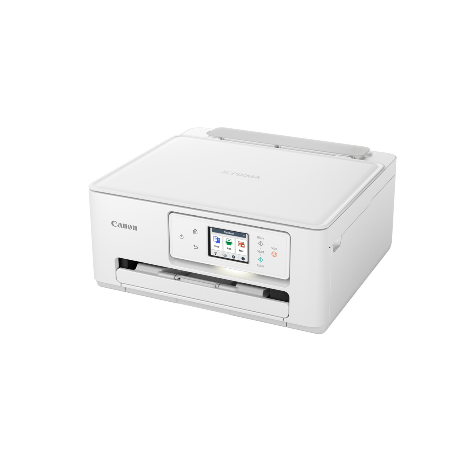 Witte Canon Pixma printer. De printer heeft een flatbed scanner en een uitvoerlade.