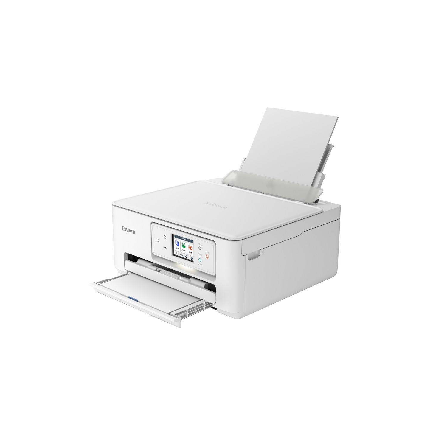 Witte printer met een open documentinvoer en uitvoerlade, op een witte achtergrond.