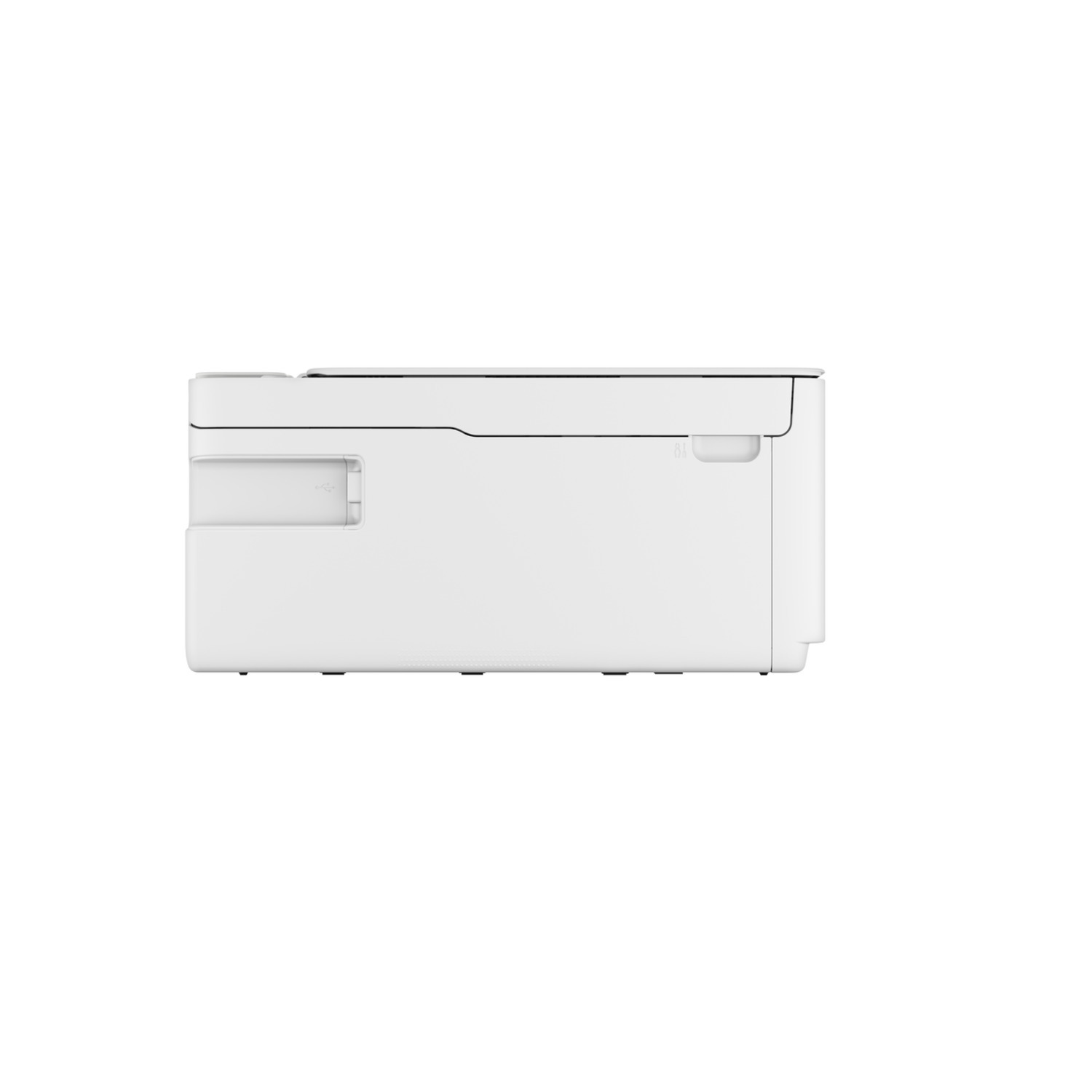 Een witte printer wordt van opzij getoond. De printer heeft een platte bovenkant.