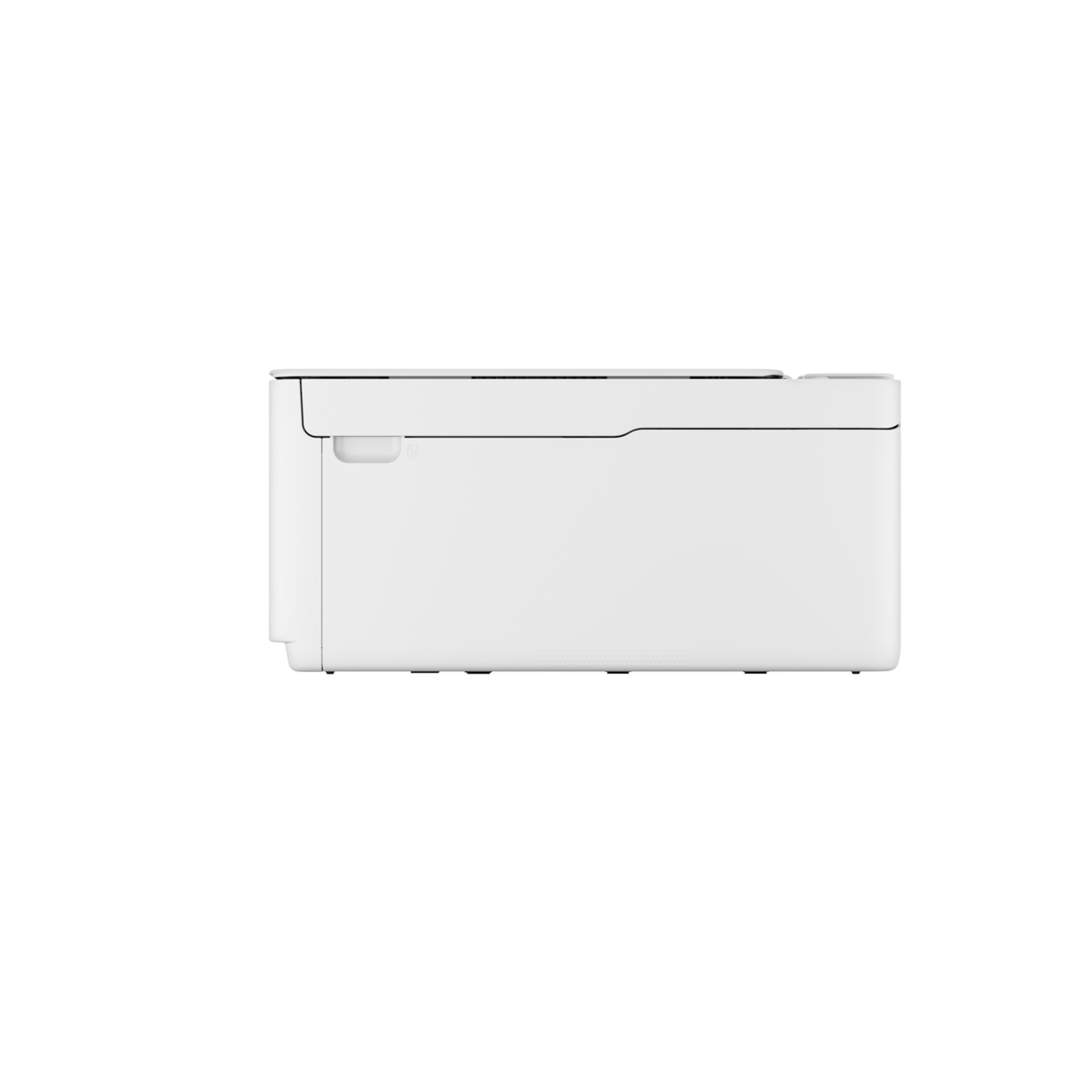 Een witte printer op een witte achtergrond, zijaanzicht, met een handgreep.