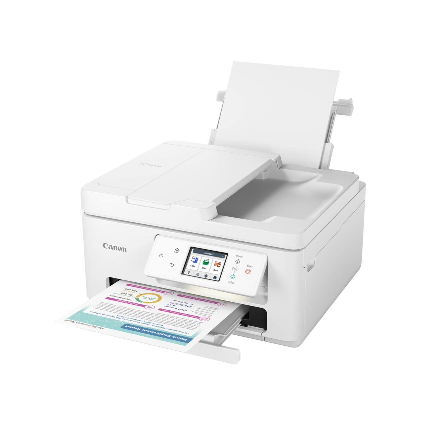Witte printer met open bovenkant en papier.