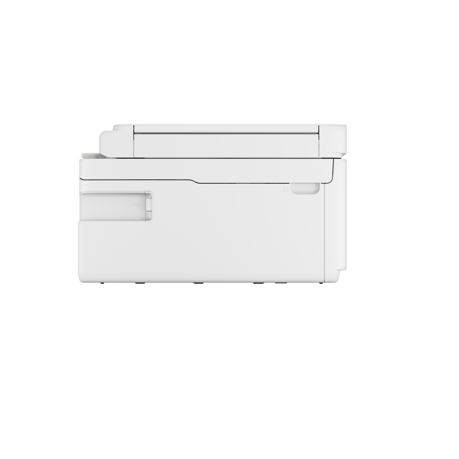 Een witte printer van opzij gezien, met zijn bovenste en zijdelingse kenmerken, op wit.