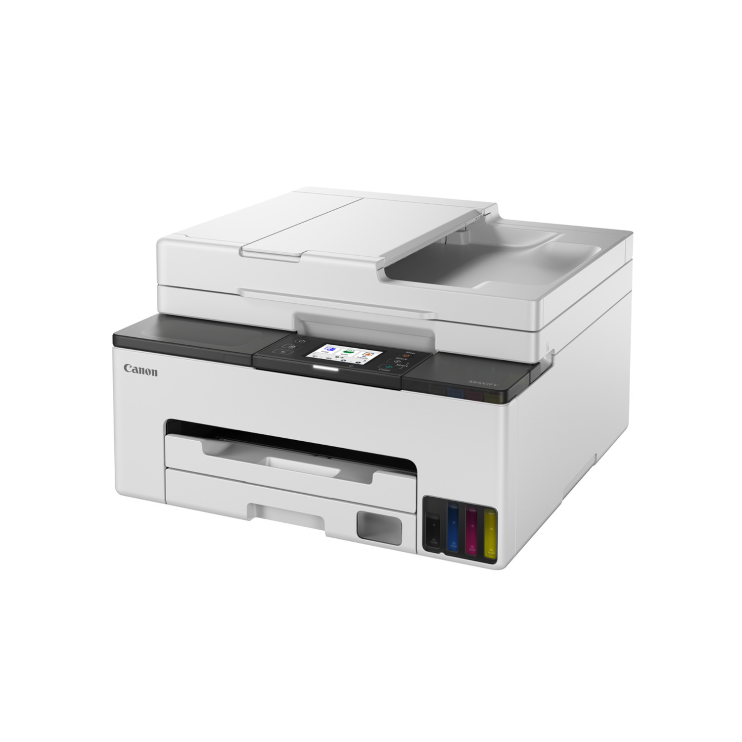 Imprimante Canon blanche avec des cartouches d'encre visibles.