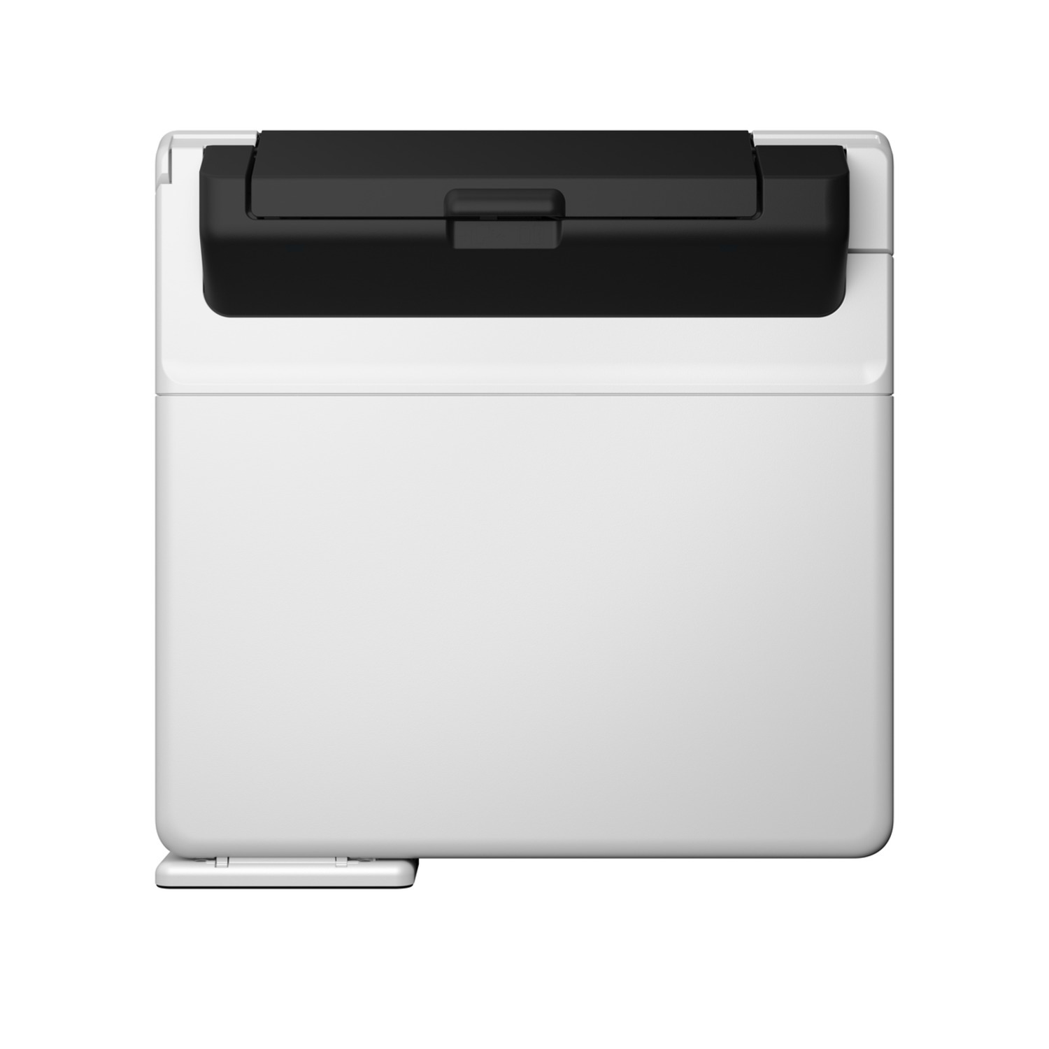 Imprimante blanche avec capot supérieur noir. L'imprimante est posée sur une surface blanche.