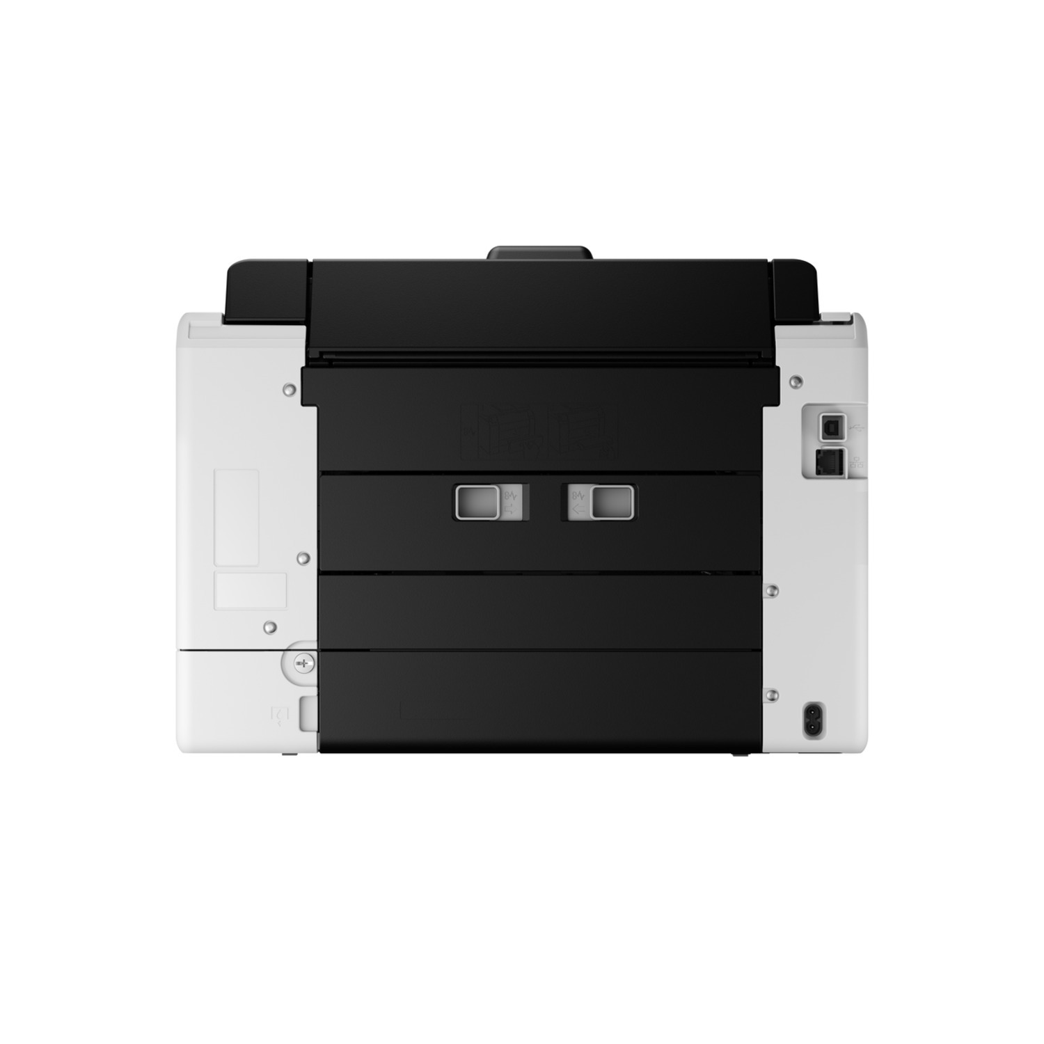 Une imprimante, design noir et blanc, vue arrière.
