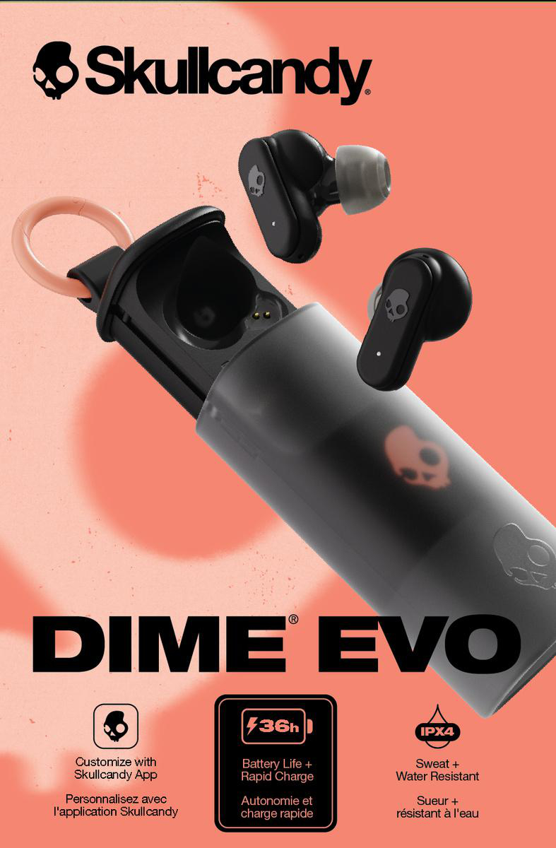 Skullcandy Dime Evo Ohrhörer in einem Ladecase. Roter Hintergrund mit Produktdetails.