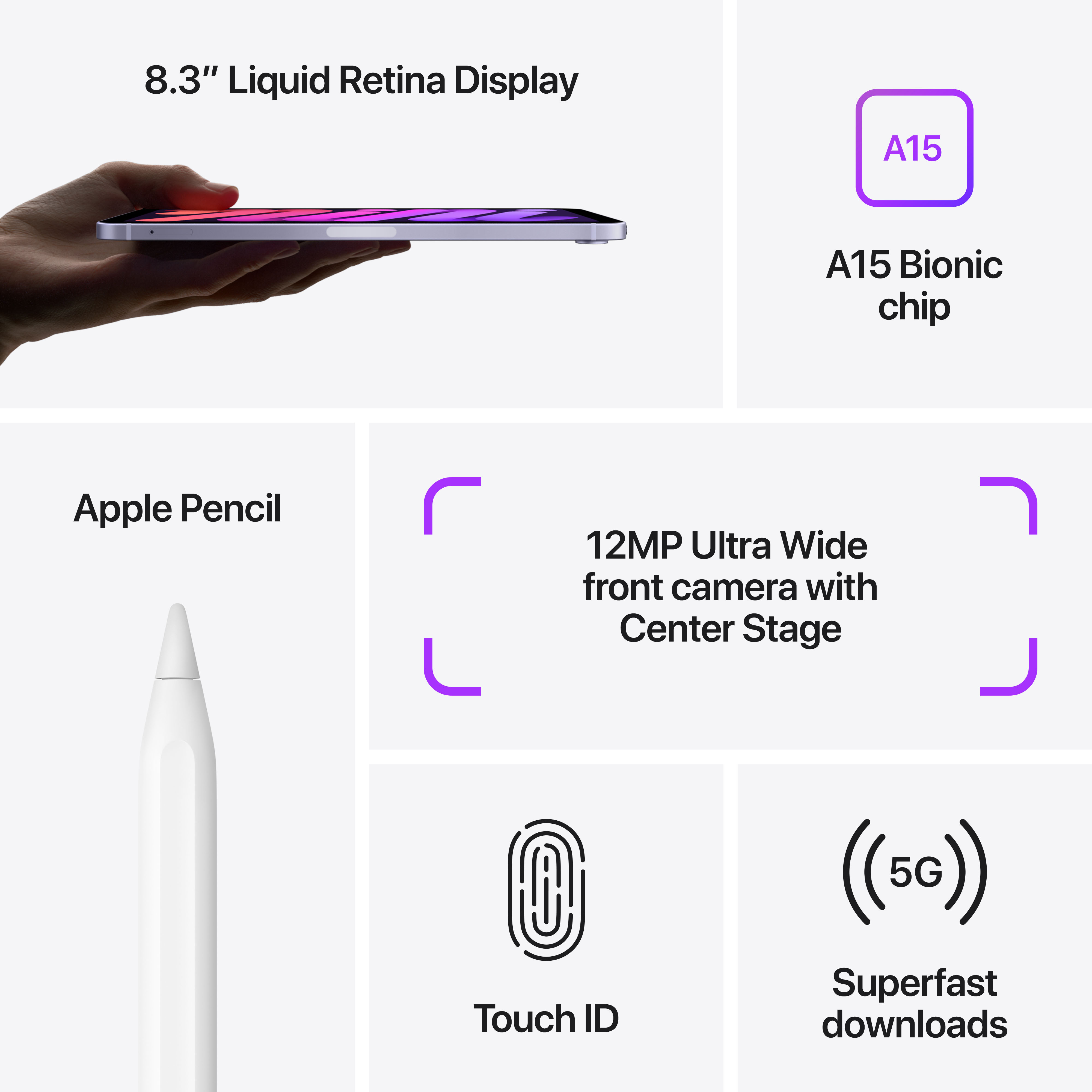 iPad z kluczowymi funkcjami: chip A15, wyświetlacz Liquid Retina, Apple Pencil, Touch ID, 5G.