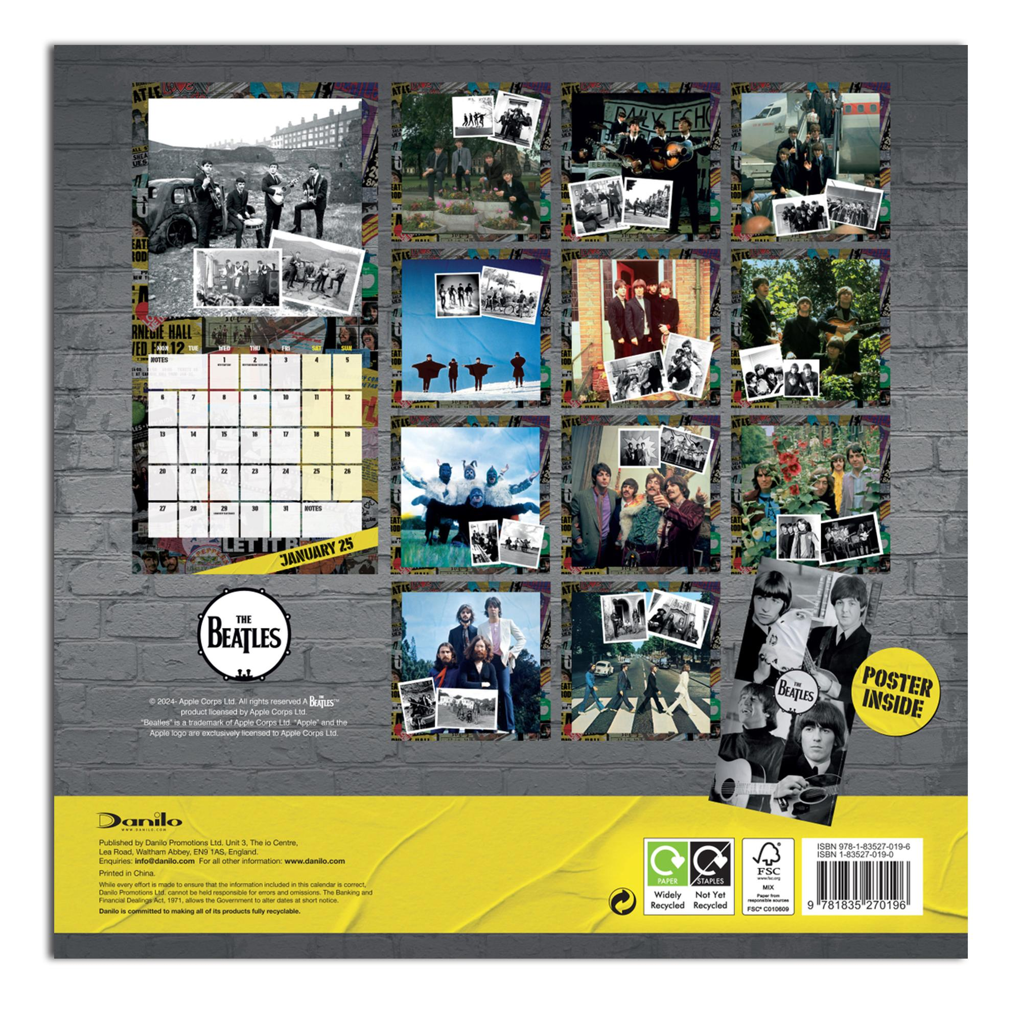 Ein Beatles-Kalender mit verschiedenen Bandfotos und Daten, der eine Januar 2024 Kalenderseite zeigt.