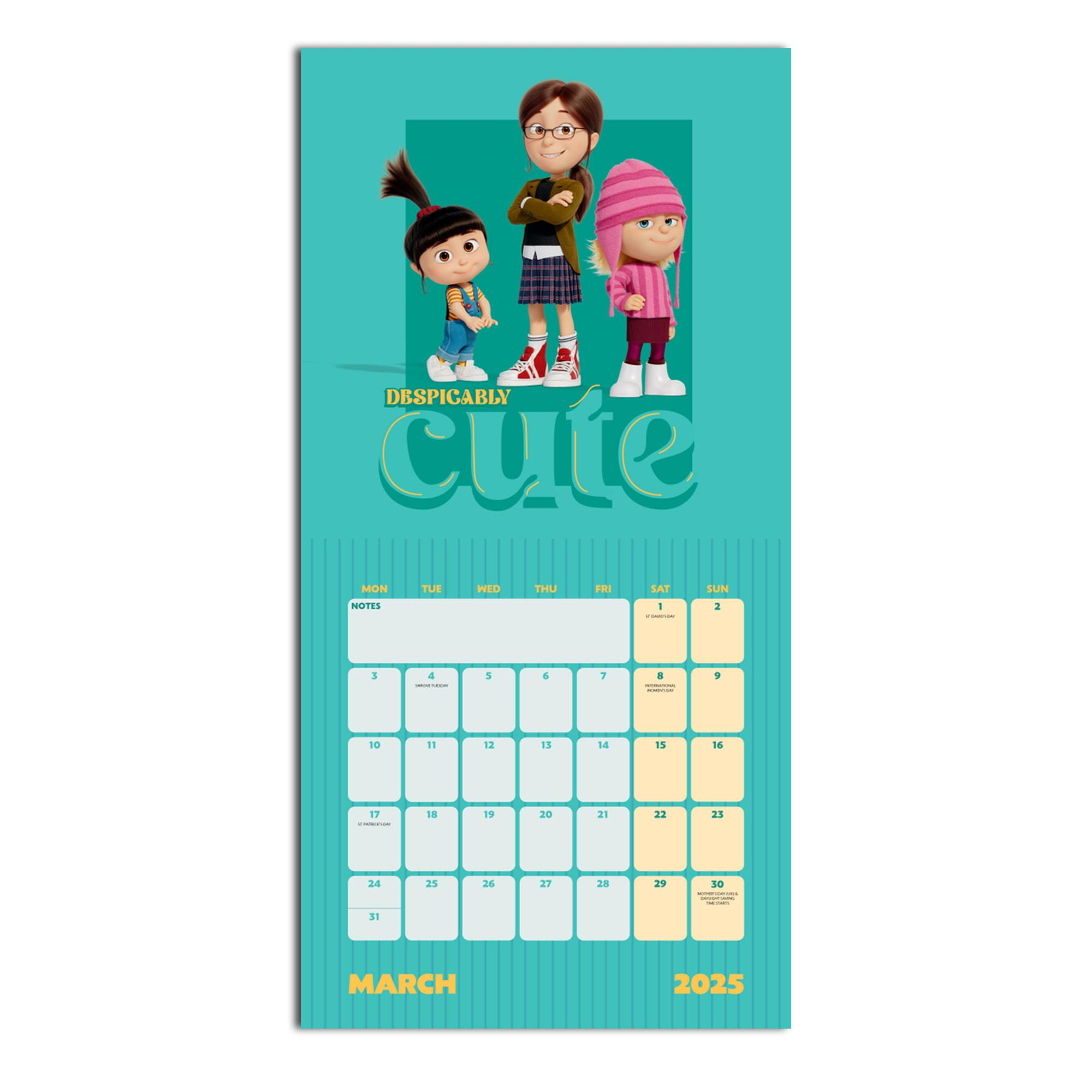 Despicable Me Kalender für März 2025. Mit Gru und zwei Mädchen. Türkisblauer Hintergrund.