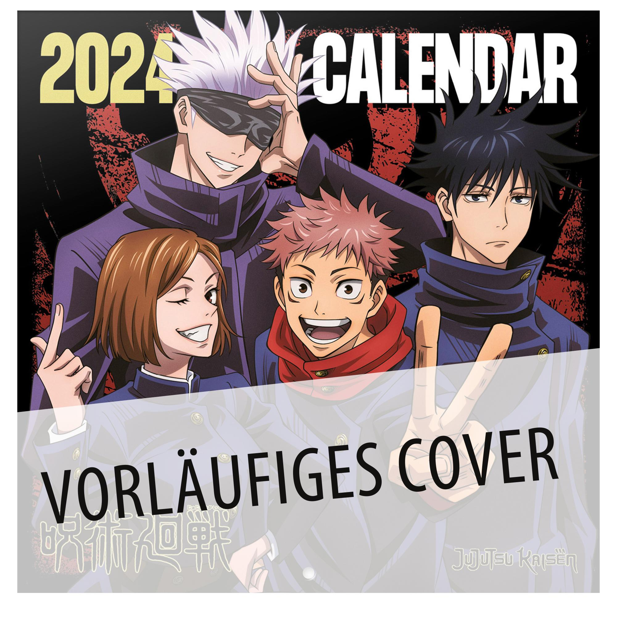 Kalender 2024 mit Anime-Charakteren, mit einer Gruppe von vier Personen und dem Titeltext.