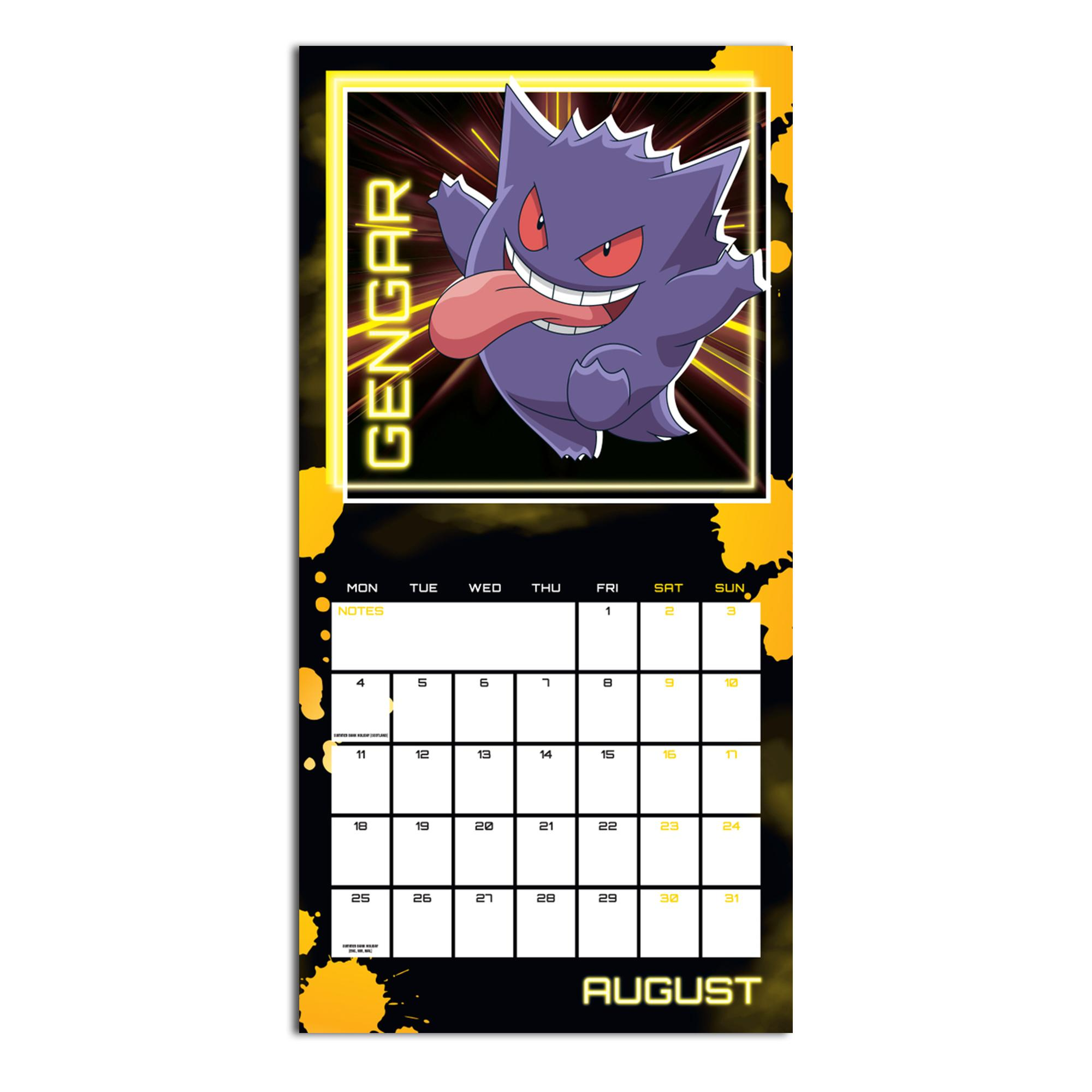 Eine Gengar Pokémon Kalenderseite für August. Das Kunstwerk zeigt Gengar mit herausgestreckter Zunge.