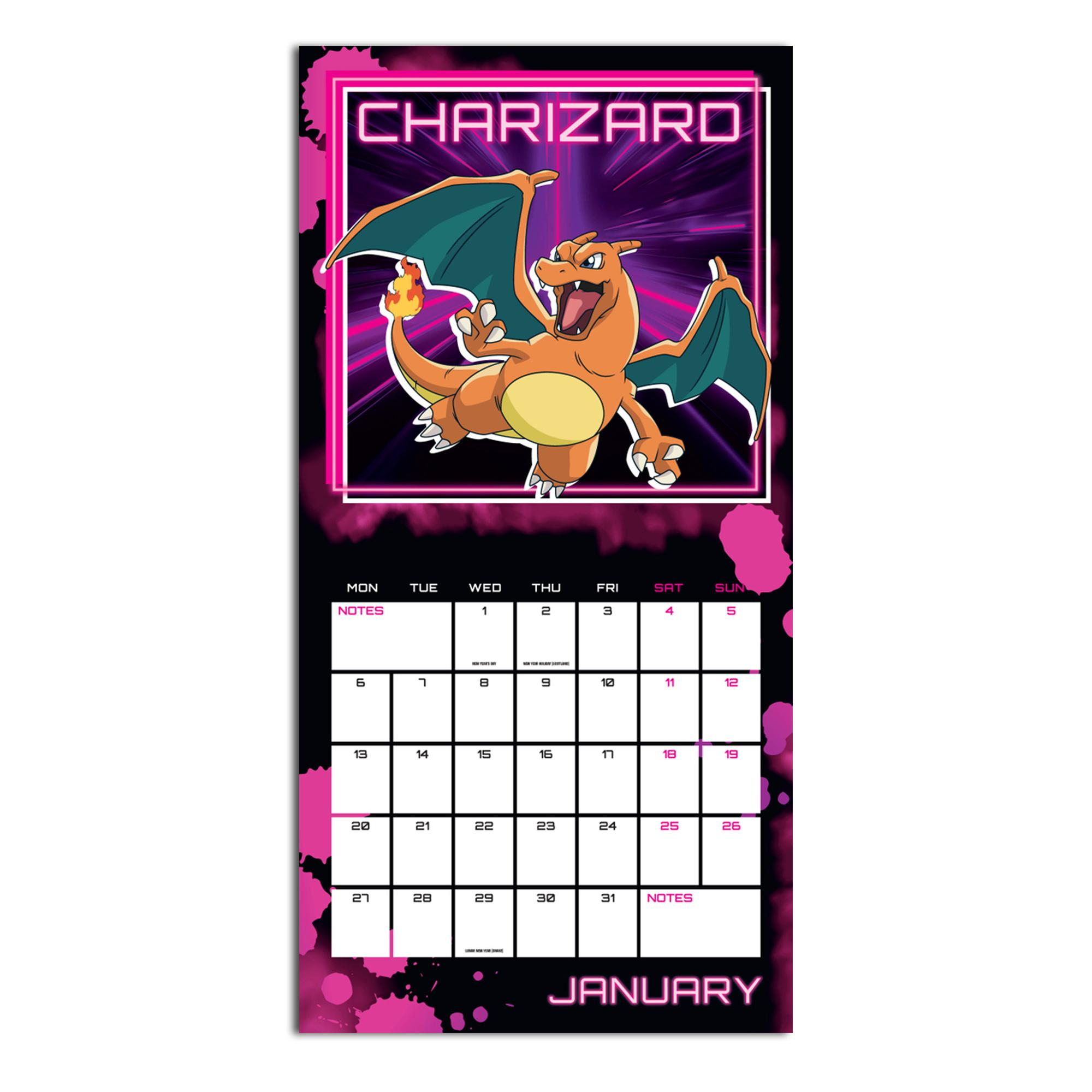 Ein Pokémon Charizard Kalender für Januar in einem neonpinken Rahmen.