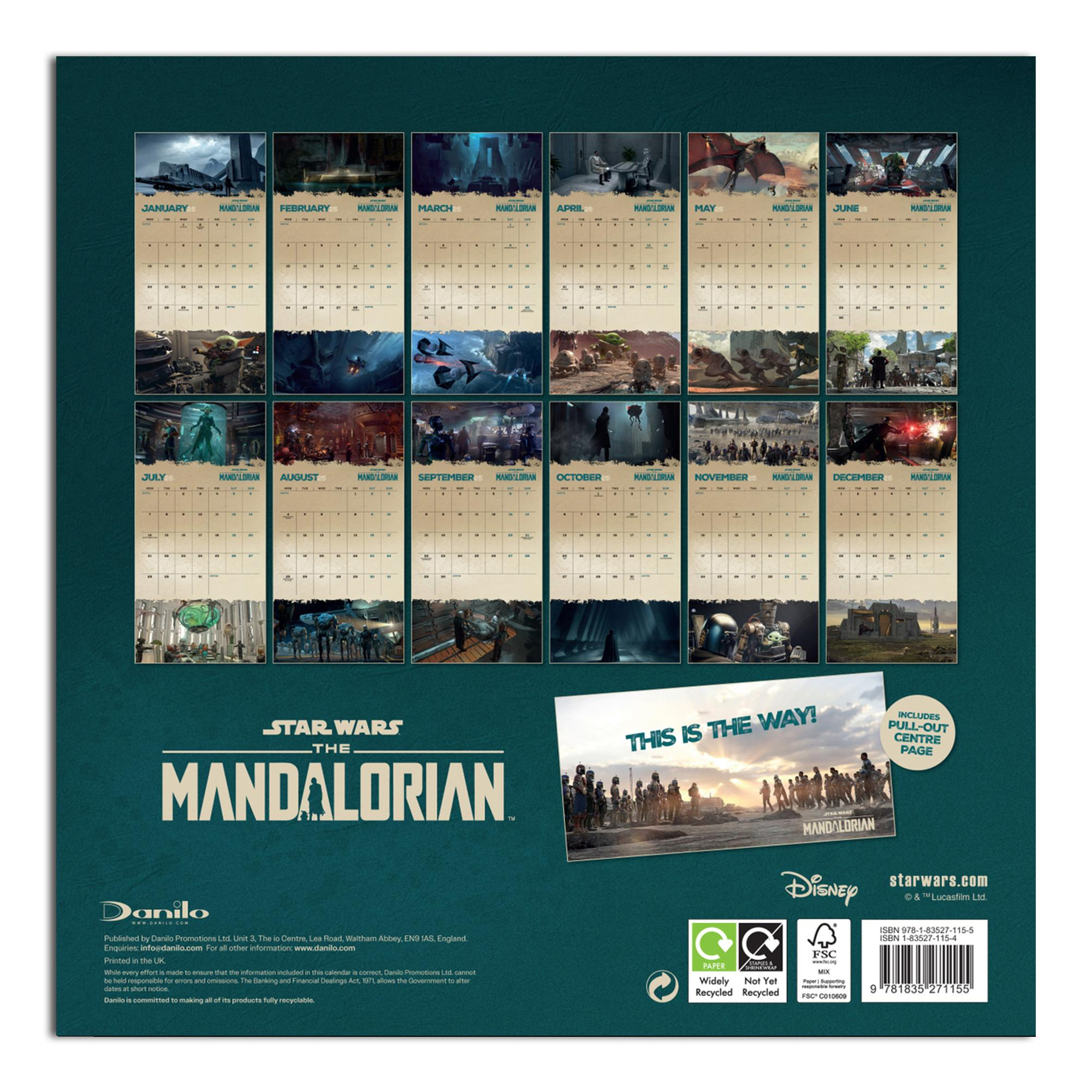 Star Wars Mandalorian Kalender mit verschiedenen Bildern aus der Serie. Text: Star Wars The Mandalorian.