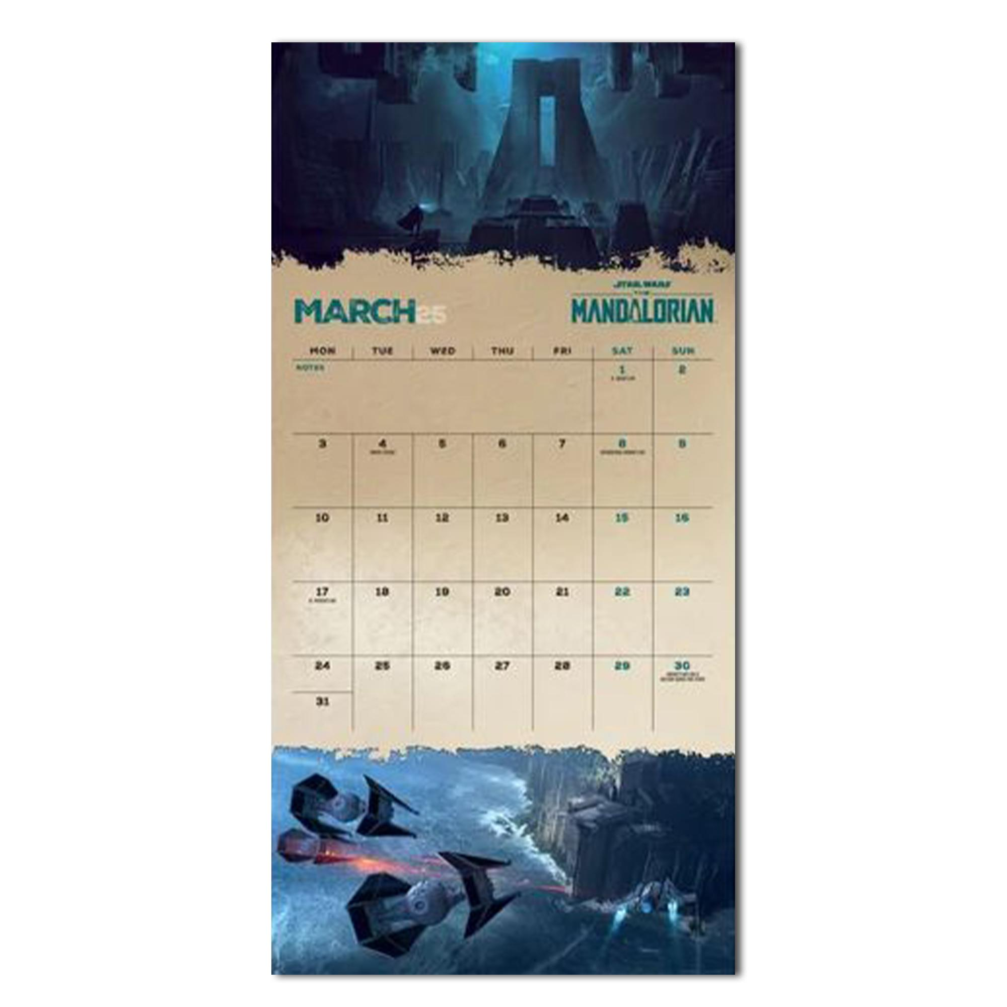 Star Wars Mandalorian Kalender für März 2025, mit einer Szene von Raumschiffen.