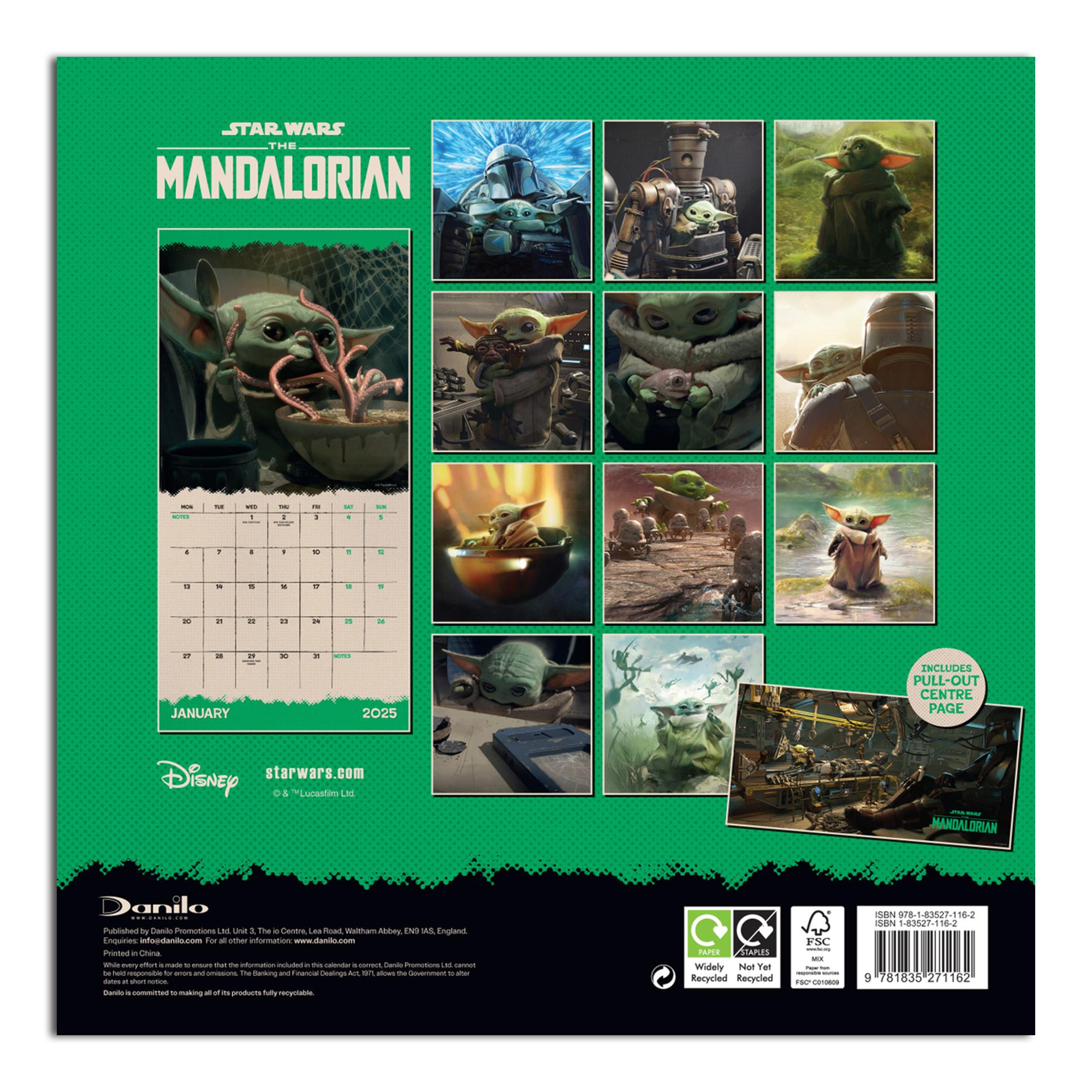 2025 Kalender von Star Wars: The Mandalorian, mit Baby Yoda und anderen Charakteren.