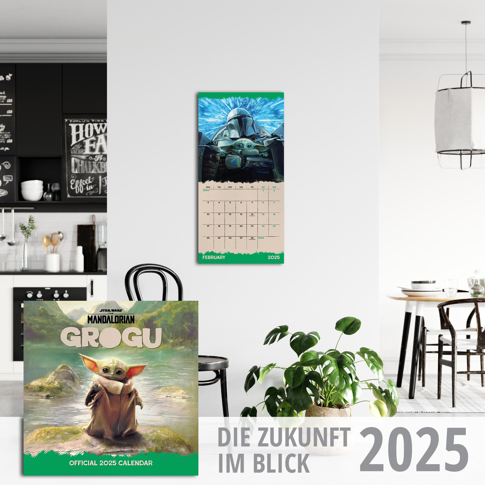 Ein Kalender mit dem Mandalorianer Grogu, ein Regal und eine Pflanze in einem Raum.