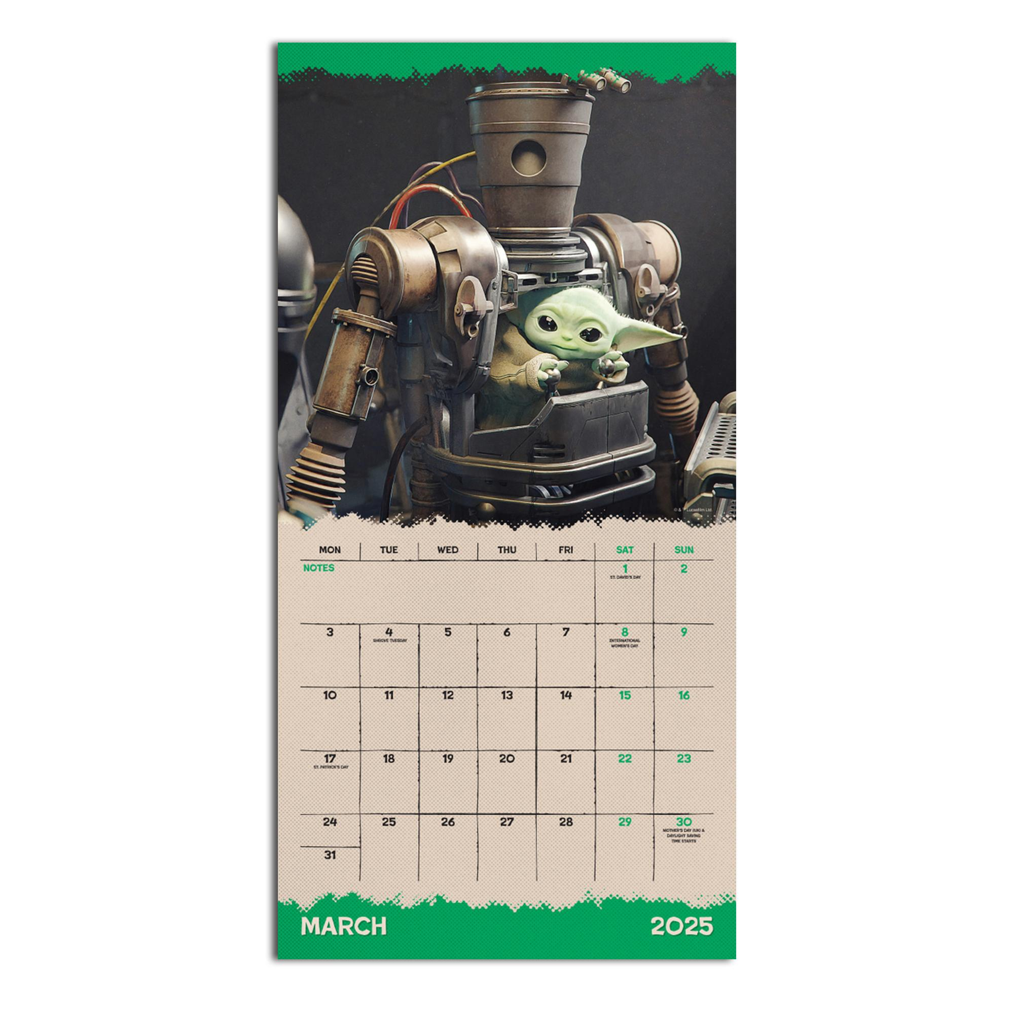 Kalender März 2025 mit Star Wars-Motiv, mit Grogu und einem Droiden.