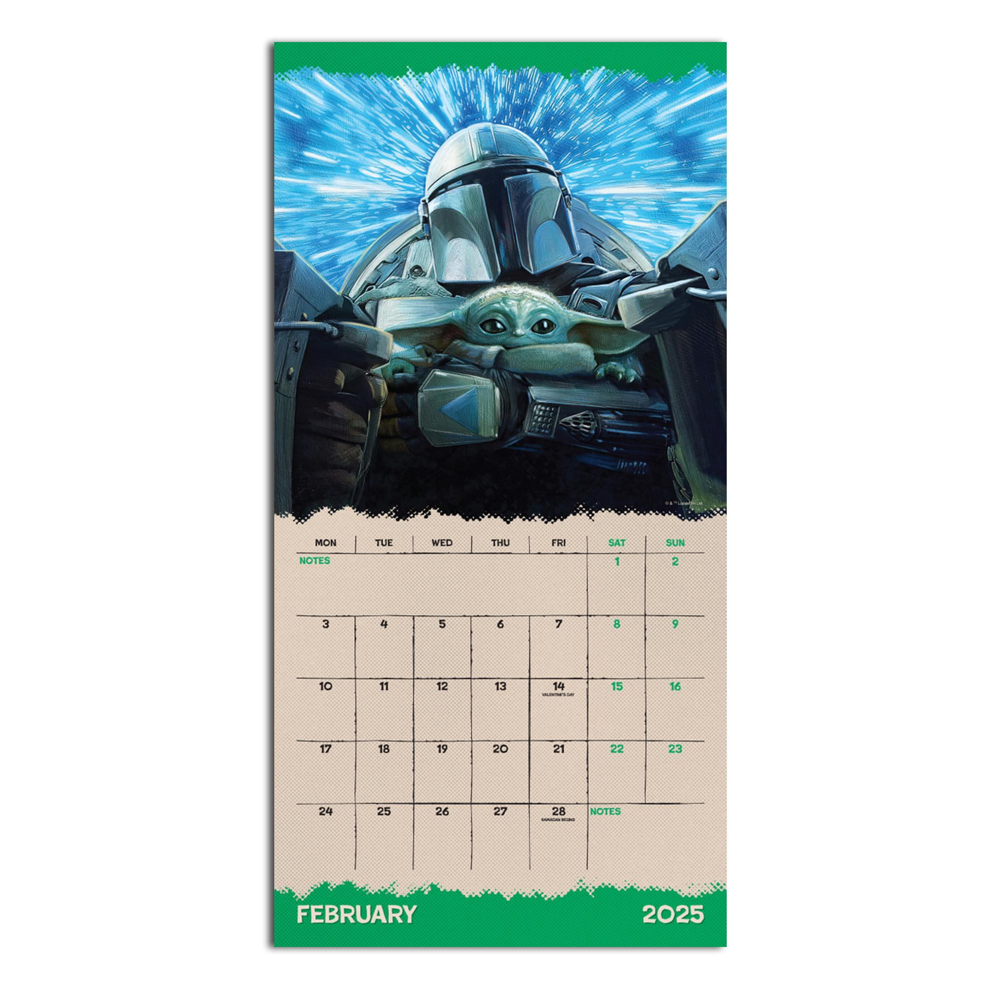 Star Wars Kalender für Februar 2025 mit The Mandalorian. Weißer Hintergrund.