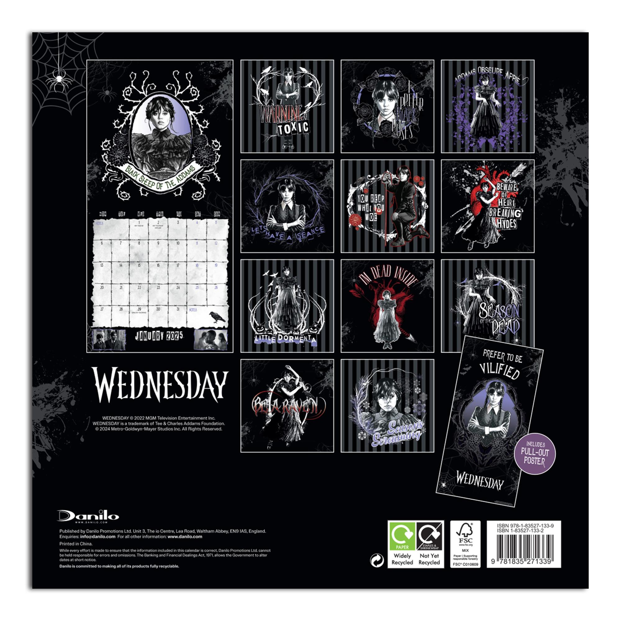 Kalender für Mittwoch für Januar 2023. Mit Illustrationen der Figur Wednesday Addams.