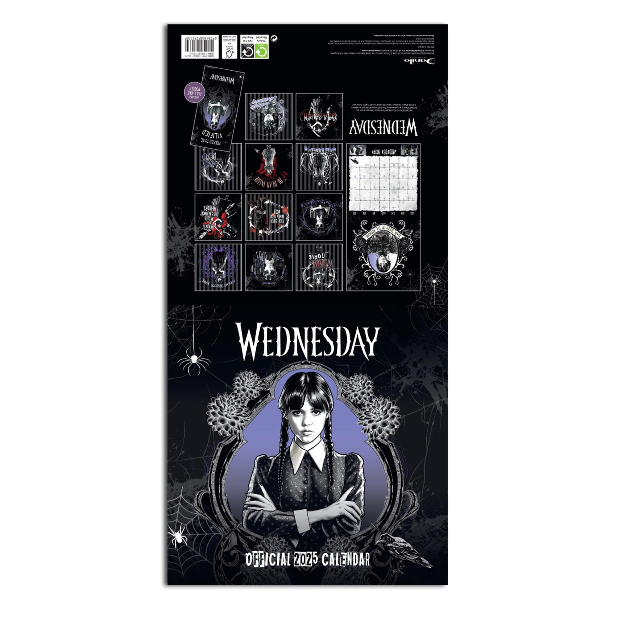 Wednesday 2025 Kalender mit einem Bild von Wednesday Addams, umgeben von gotischen Elementen.