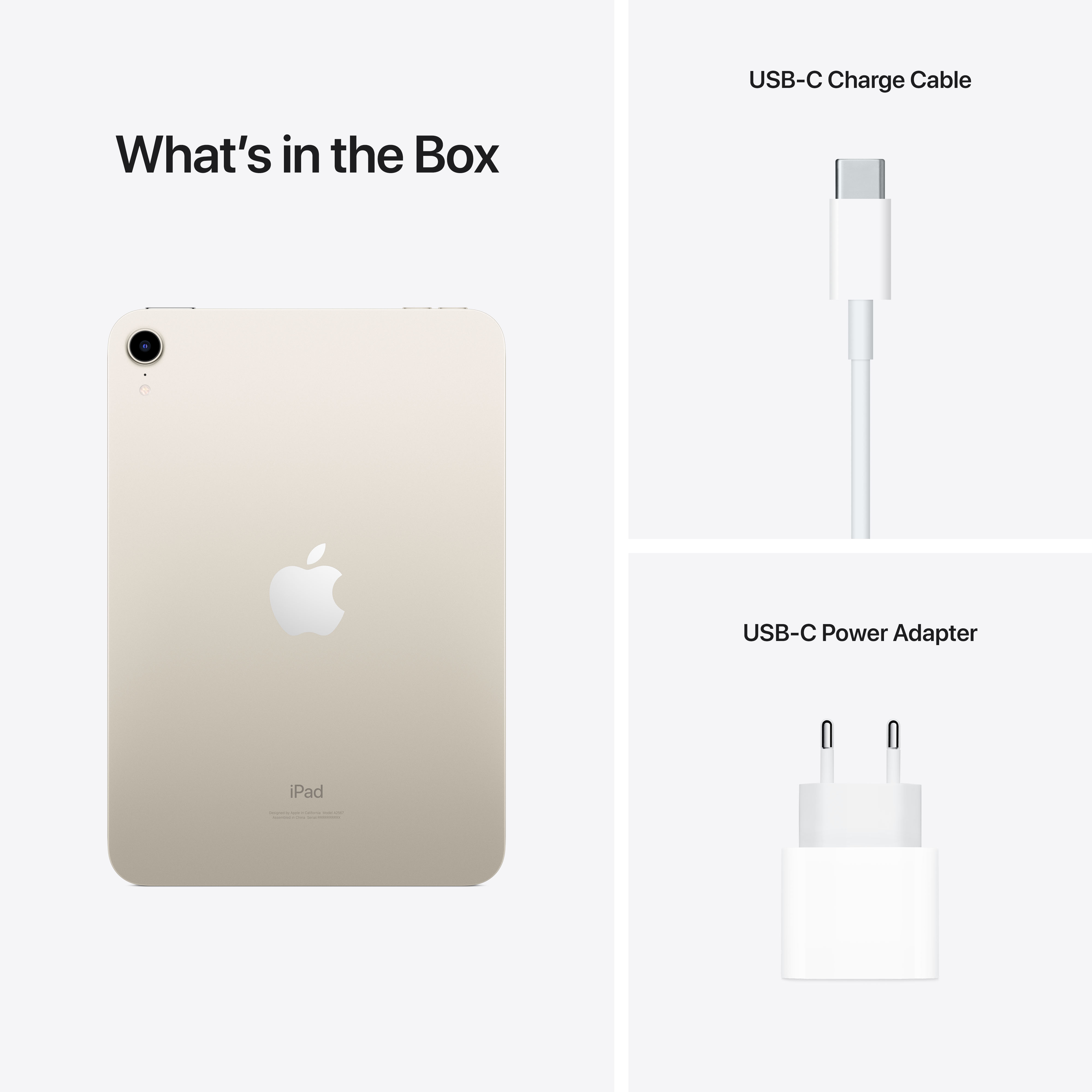 iPad, kabel USB-C i zasilacz USB-C na białym tle. Na pudełku napisano „What's in the Box”.