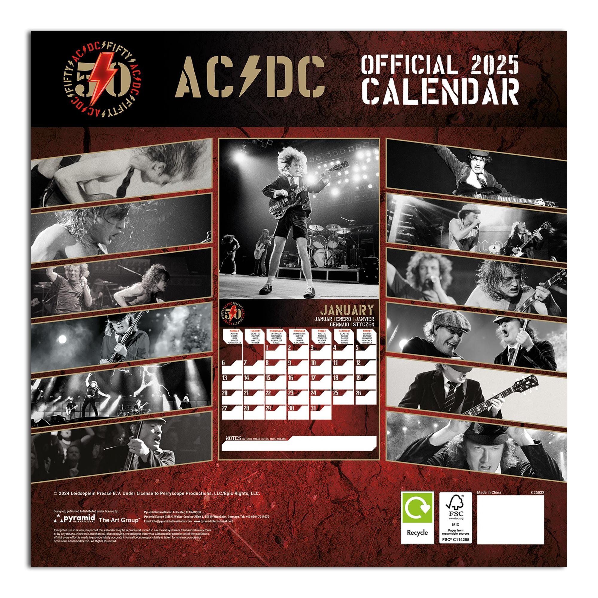 AC/DC 2025 Kalender. Enthält Bandfotos und ein Design in Rot, Schwarz und Weiß.