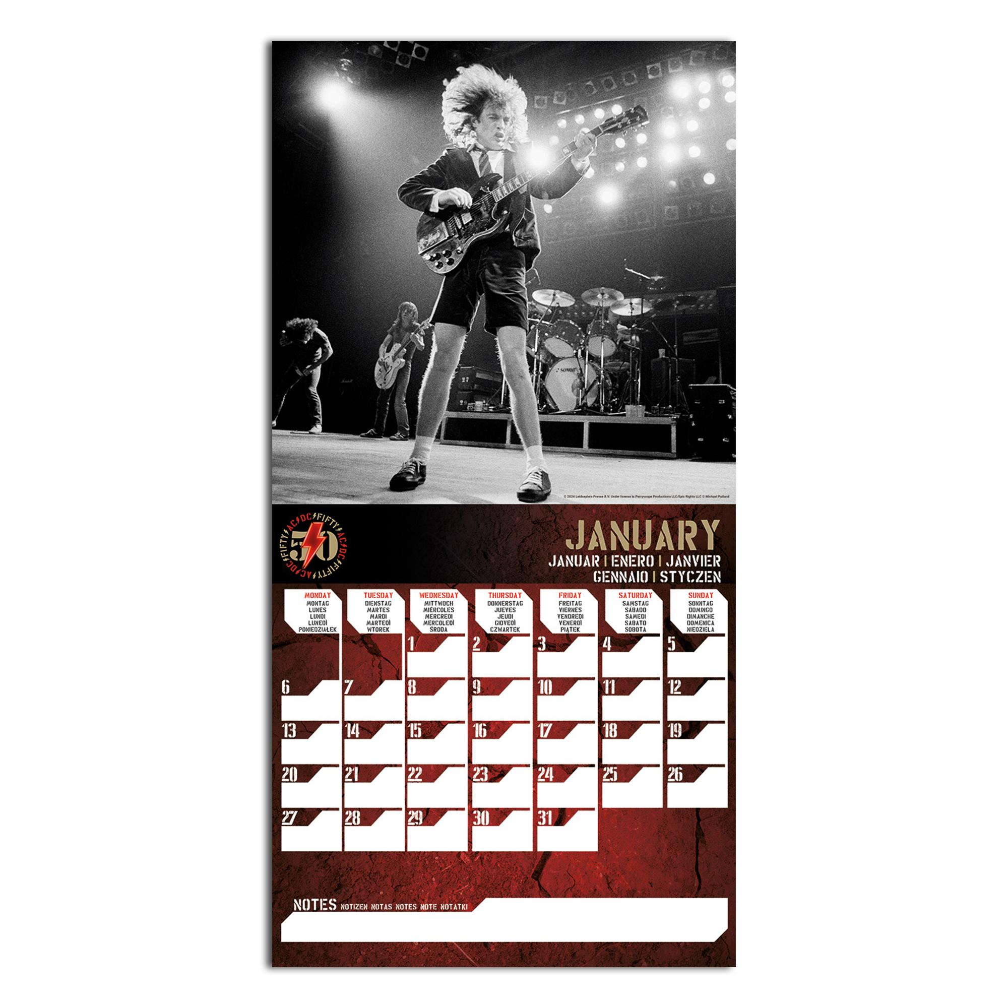 Eine Kalenderseite für Januar. Ein Schwarz-Weiß-Bild einer Band auf der Bühne. Rote Daten unten.