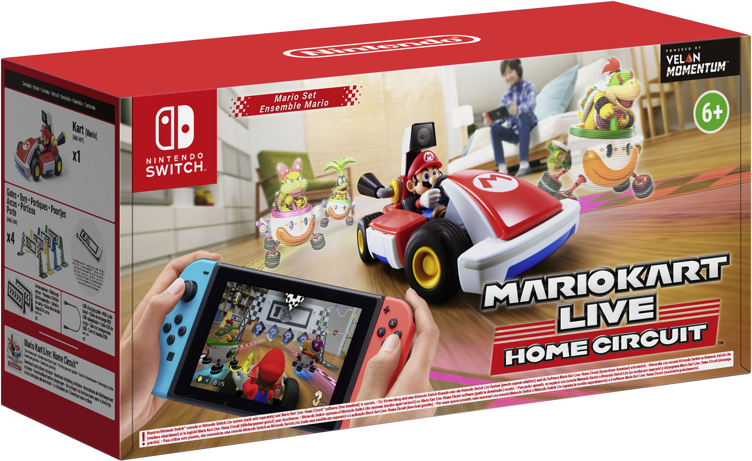 Mario Kart Live: Home Circuit Box, mit einer Switch-Konsole, die Gameplay zeigt.