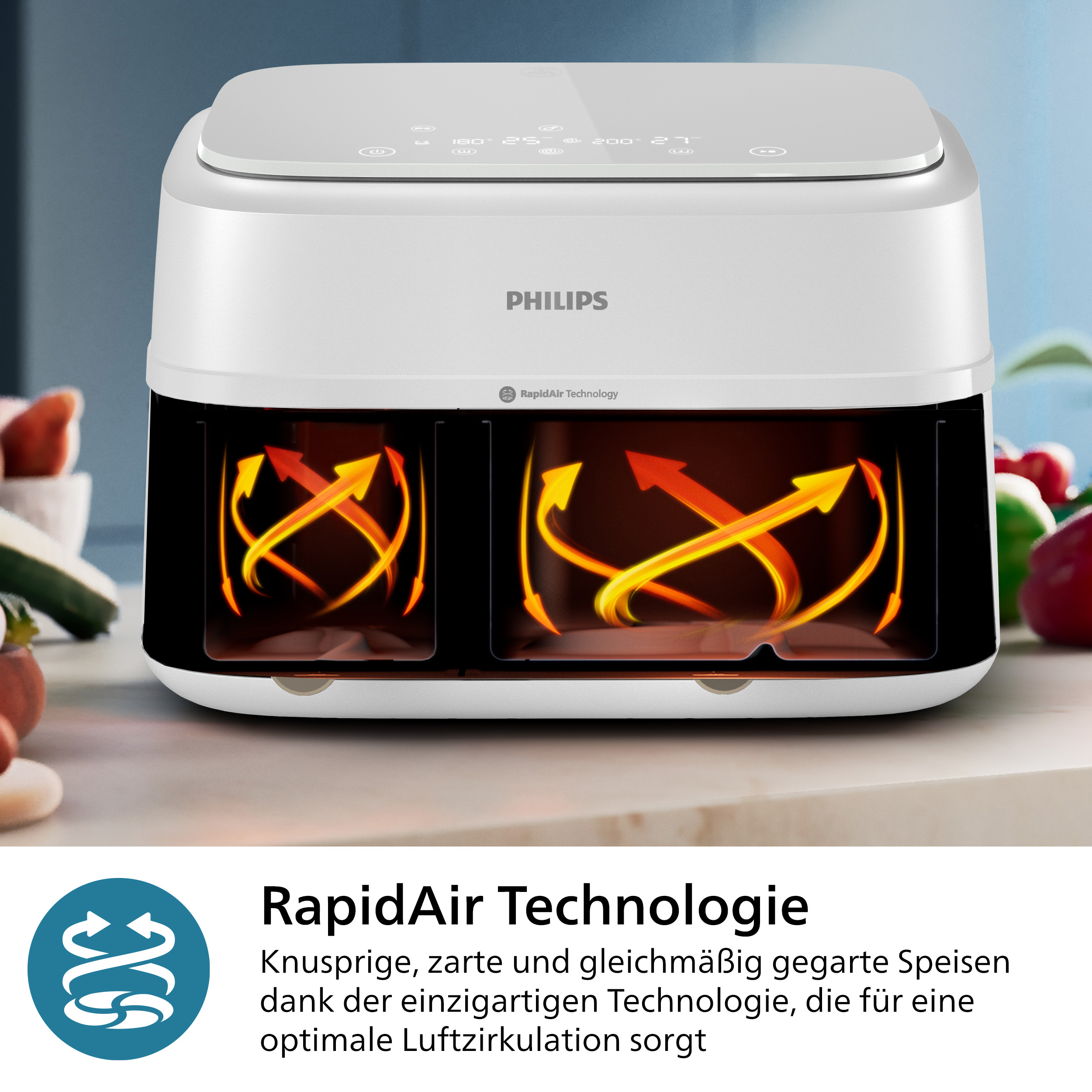 Weißer Philips Airfryer mit zwei Fächern, zeigt die RapidAir-Technologie.