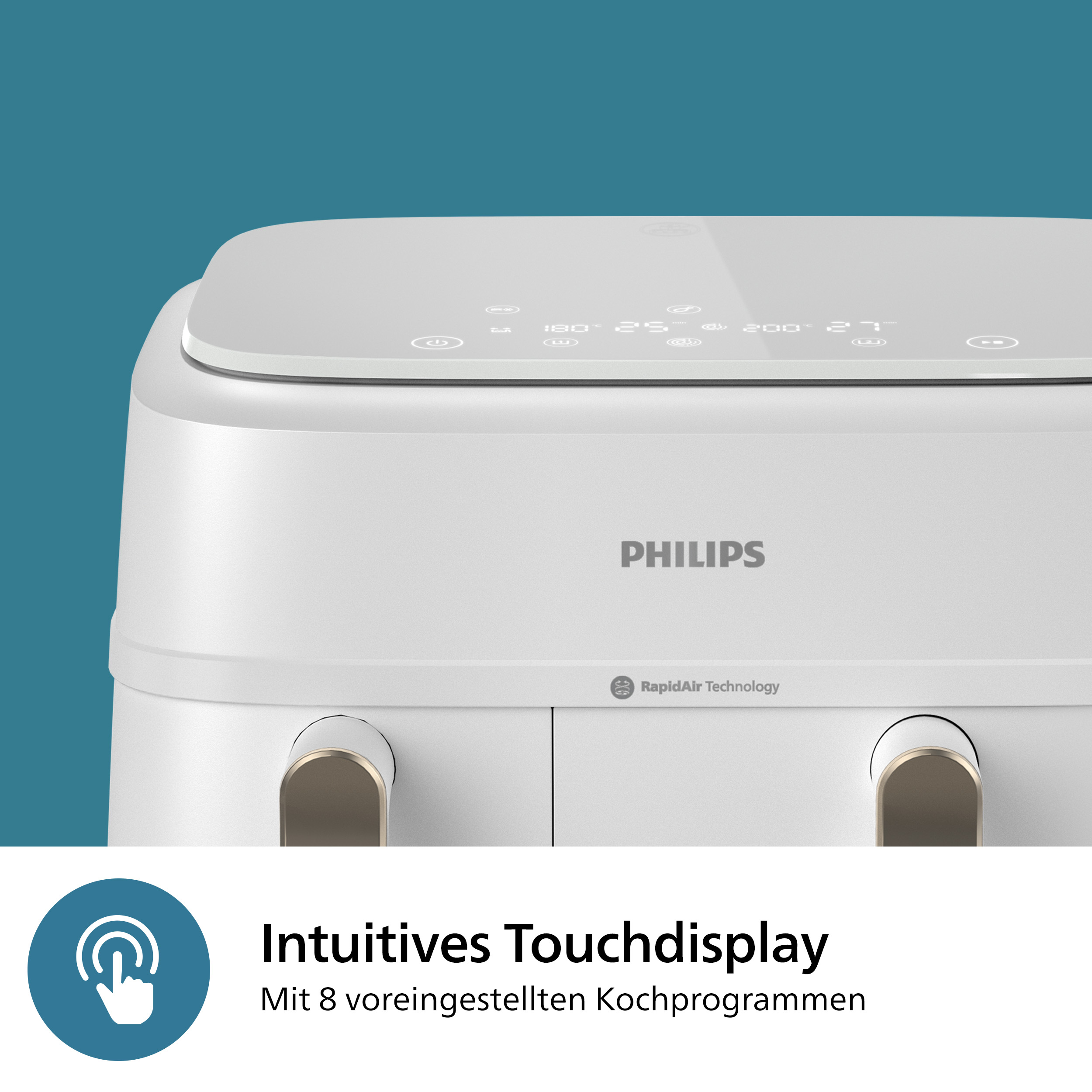Weißer Philips Airfryer mit Touch-Display und zwei Griffen.