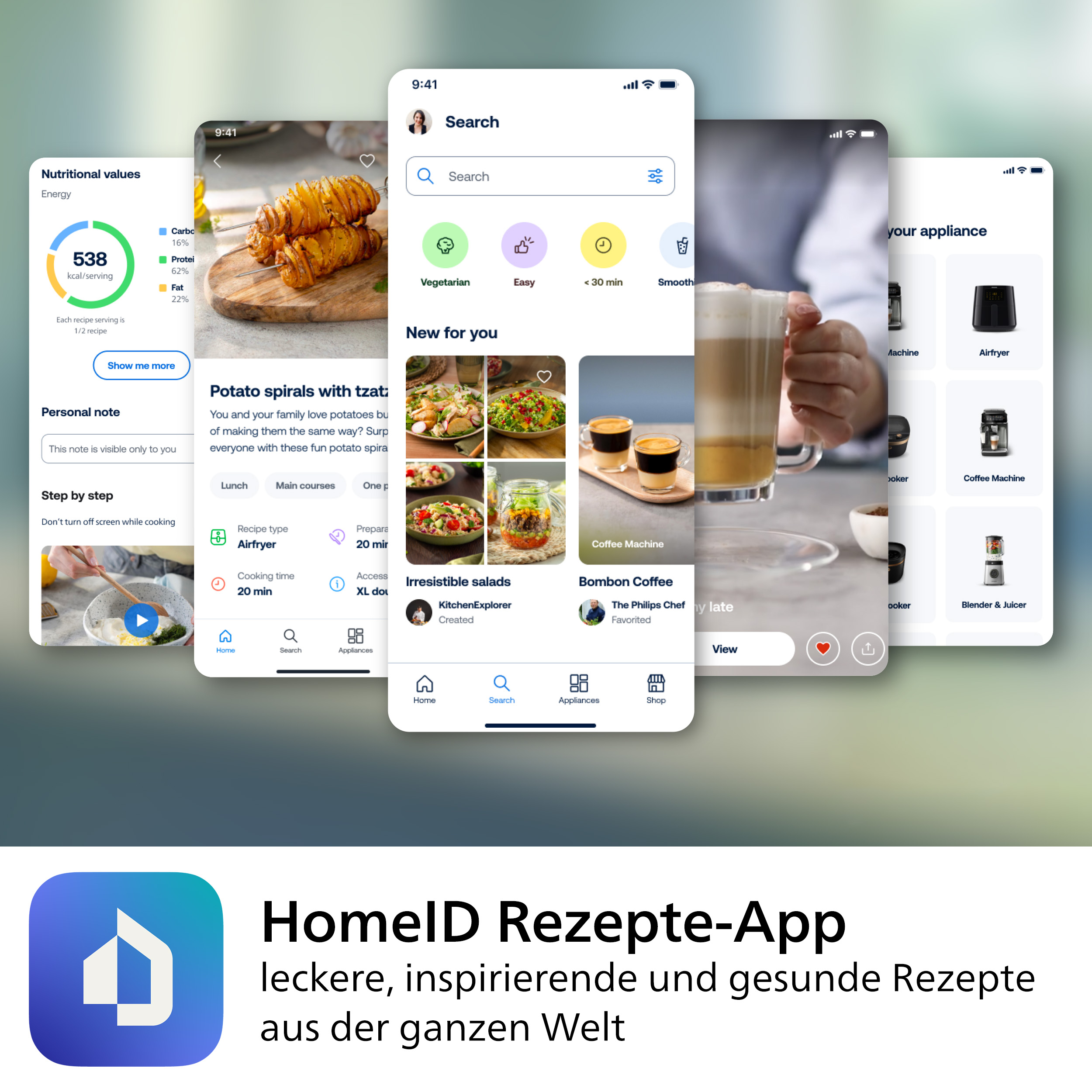 Bildschirme einer App, die Rezepte und Nährwertangaben zeigen. Unten befindet sich ein HomeID-Logo.