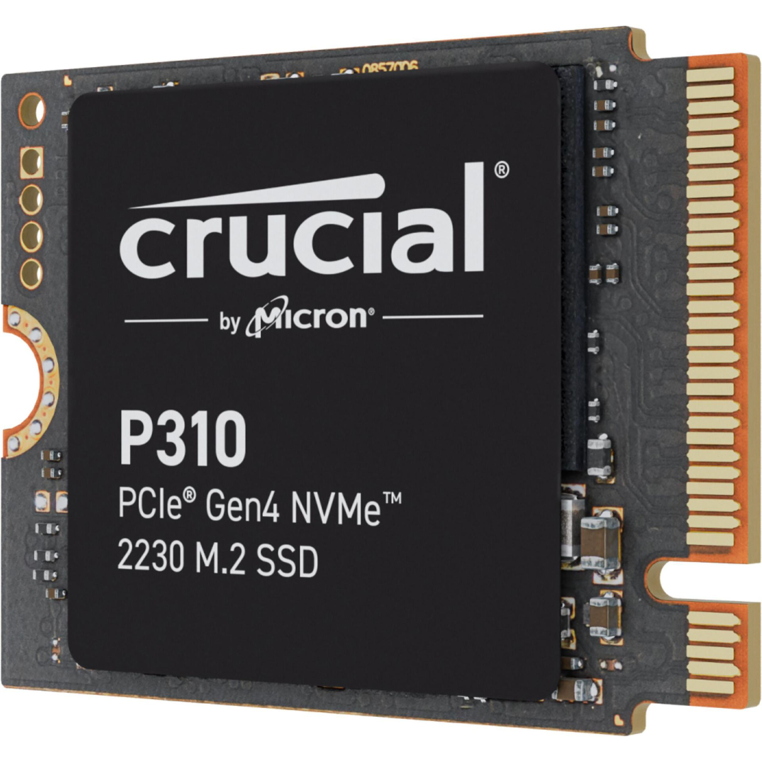 Schwarze SSD mit Crucial-Logo und Text, goldener Stecker.