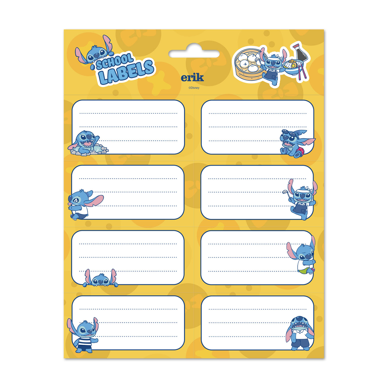Foglio giallo di etichette scolastiche con adesivi del personaggio Stitch.