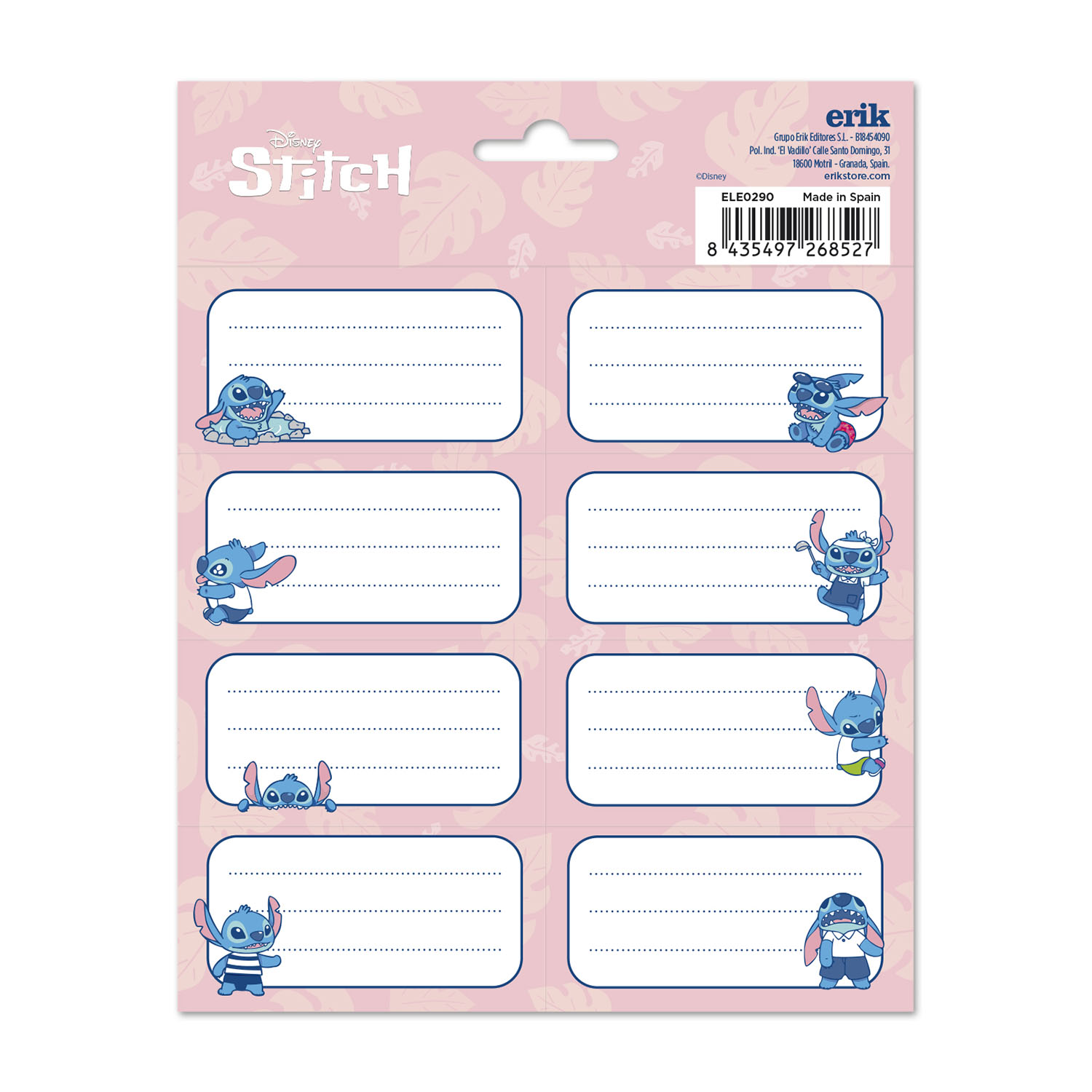 Un foglio di adesivi con Stitch della Disney. Ogni adesivo presenta una posa diversa del personaggio.