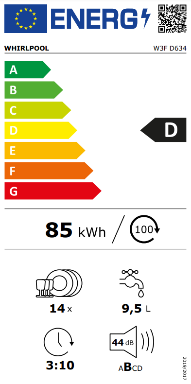 Energia címke egy Whirlpool mosogatógéphez. Tartalmazza az energiahatékonyságot, víz- és időhasználatot.