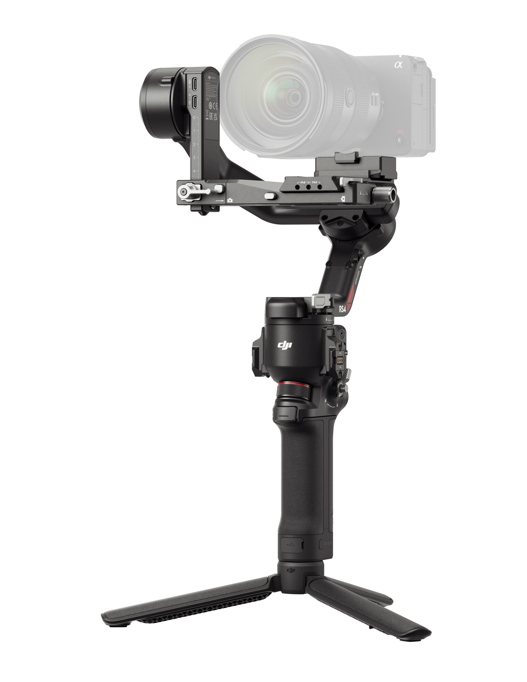 Czarny ręczny stabilizator kamery z dołączoną kamerą na czarnym tle.