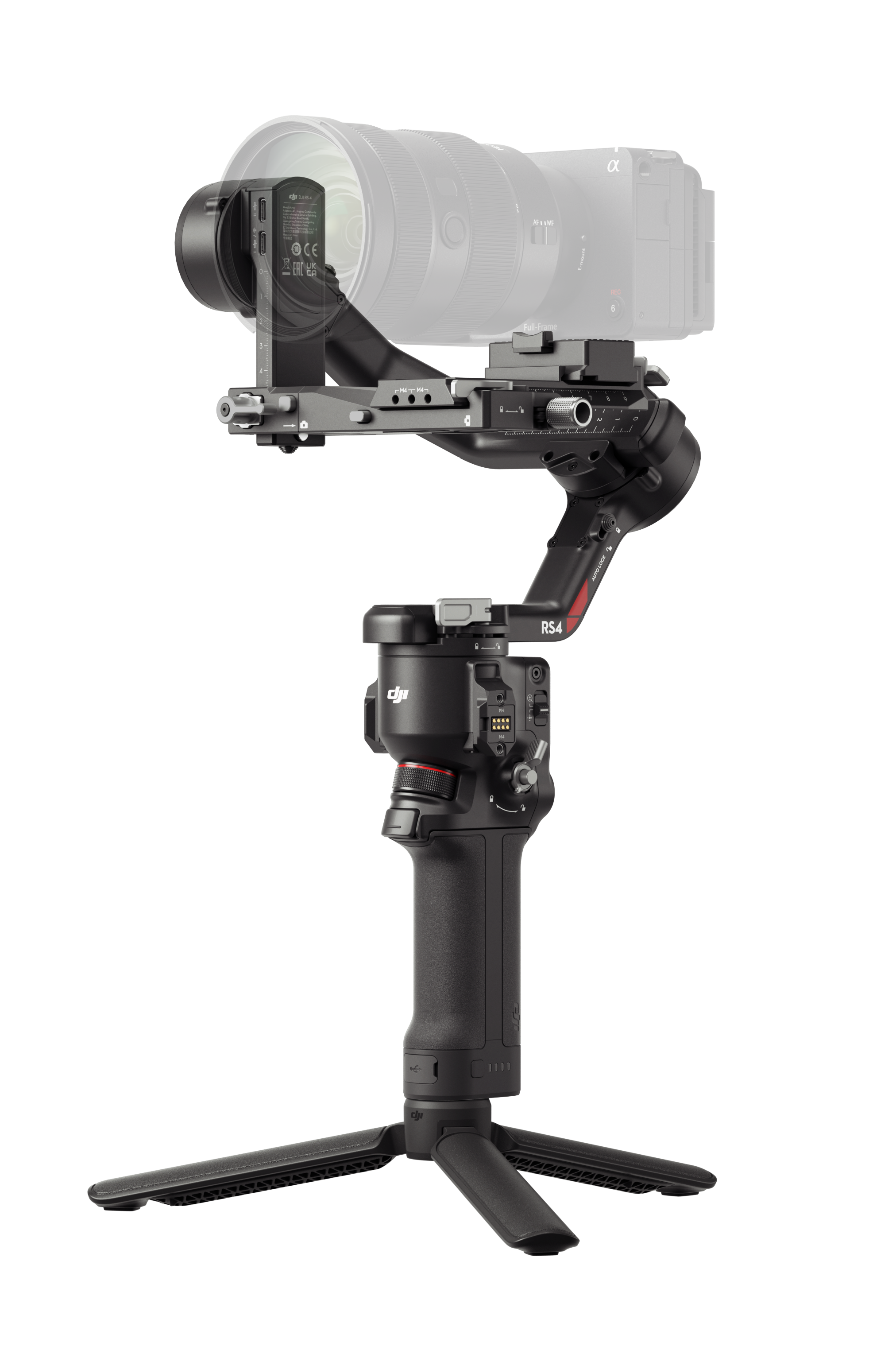 Czarny stabilizator kamery DJI RS4 z dołączoną kamerą, na czarnym tle.