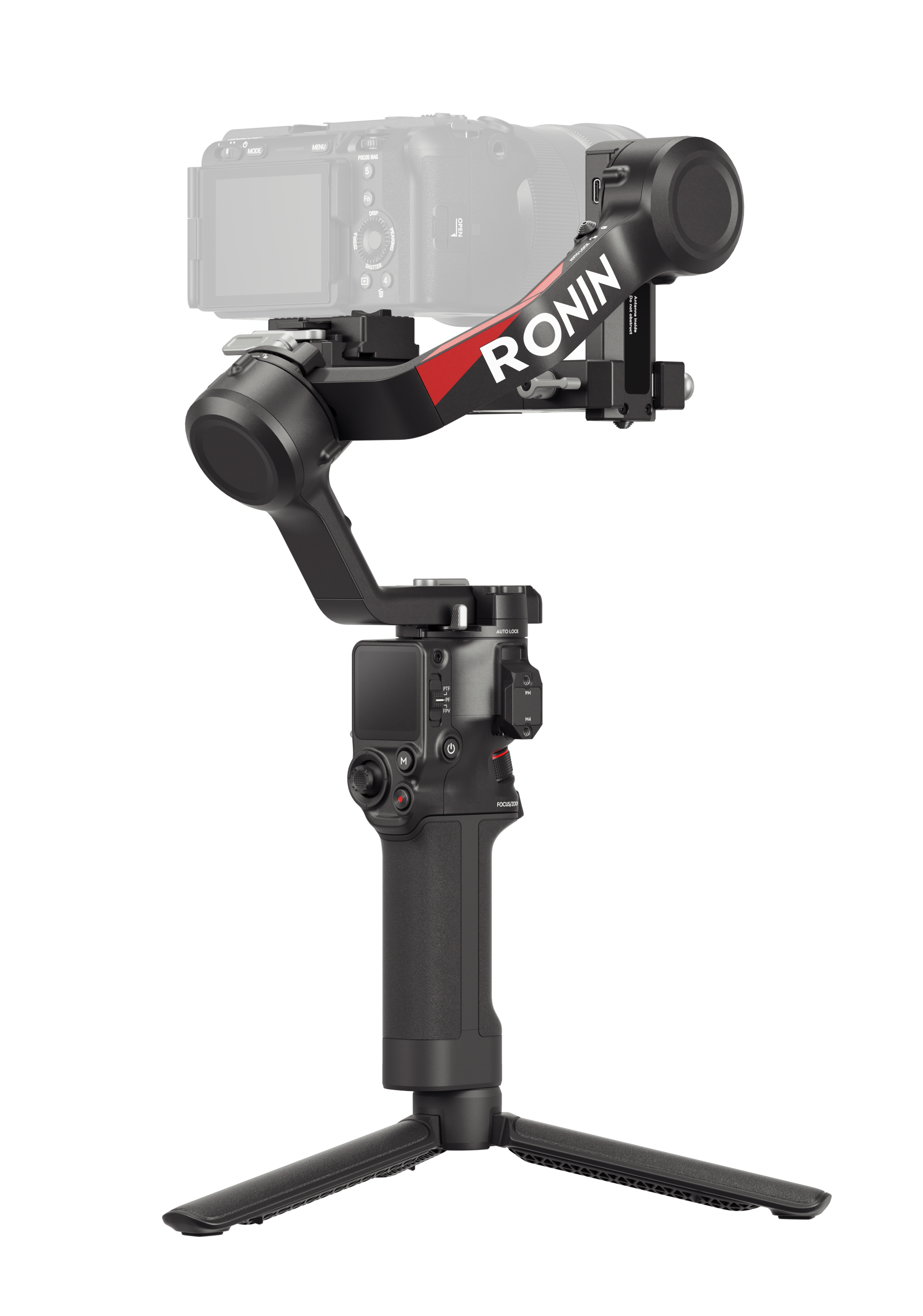 Czarna kamera na gimbalu z napisem RONIN, podstawa statywu. Czarne tło.