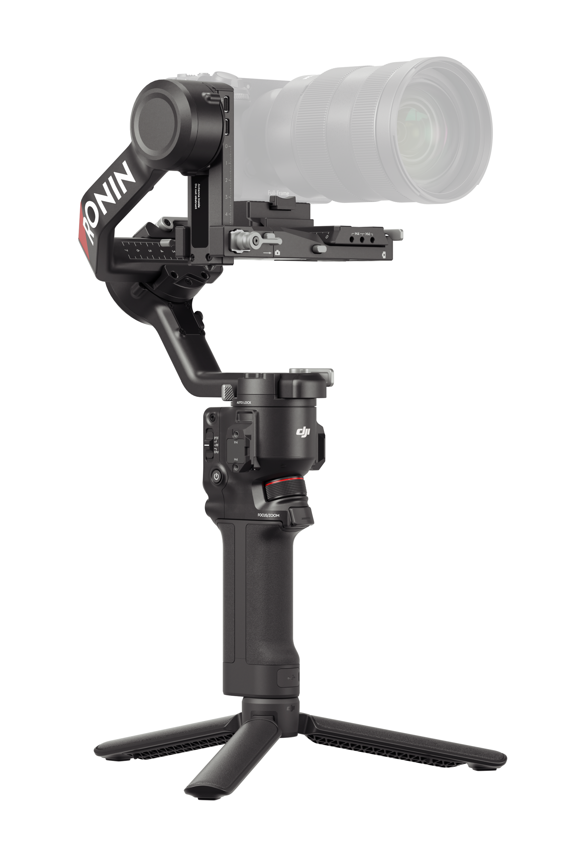 Czarny stabilizator kamery z zamontowaną kamerą i obiektywem. Stabilizator ma uchwyt i nogi statywu.