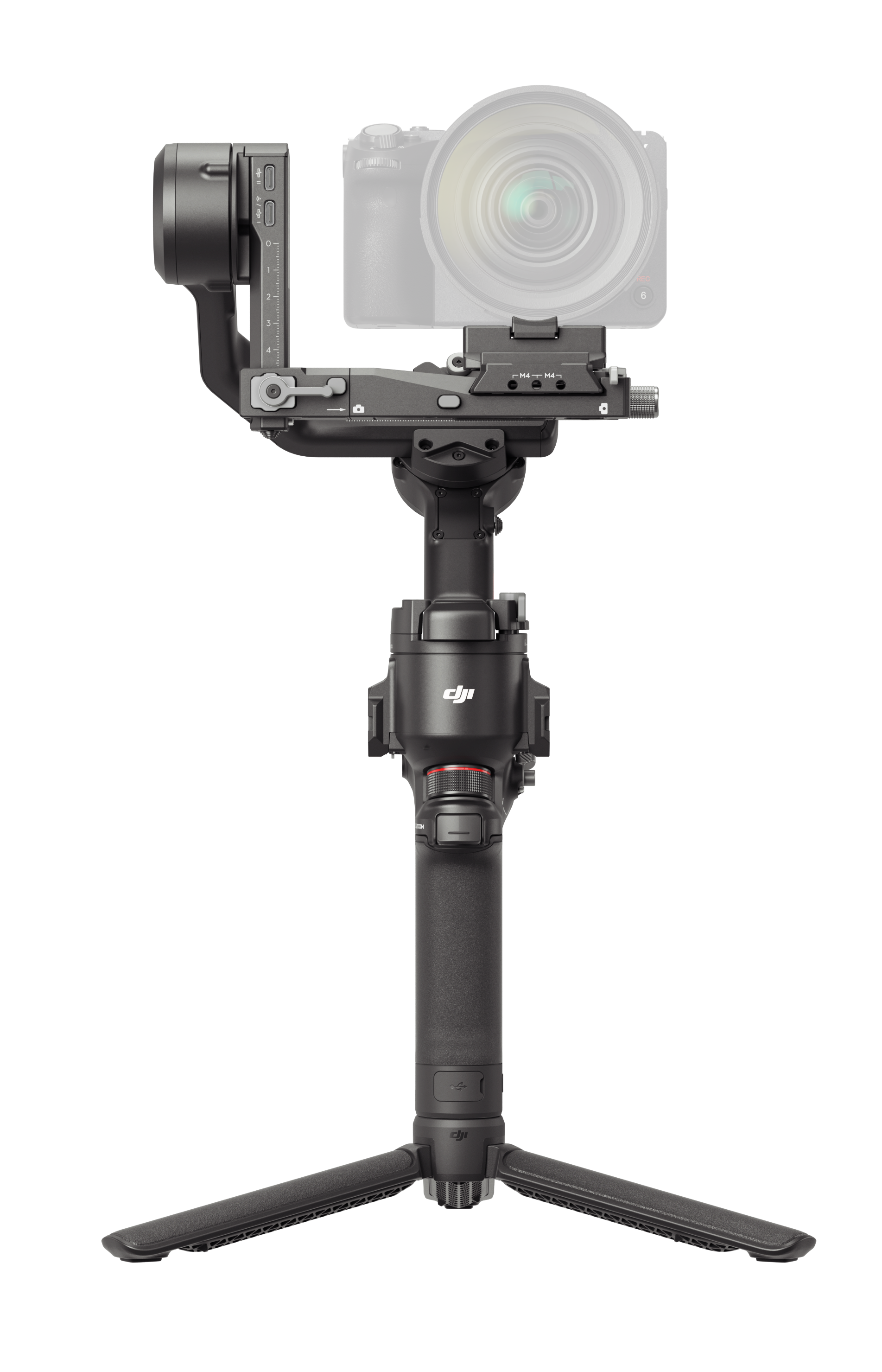 Czarna kamera na gimbalu statywu. Czarne tło.