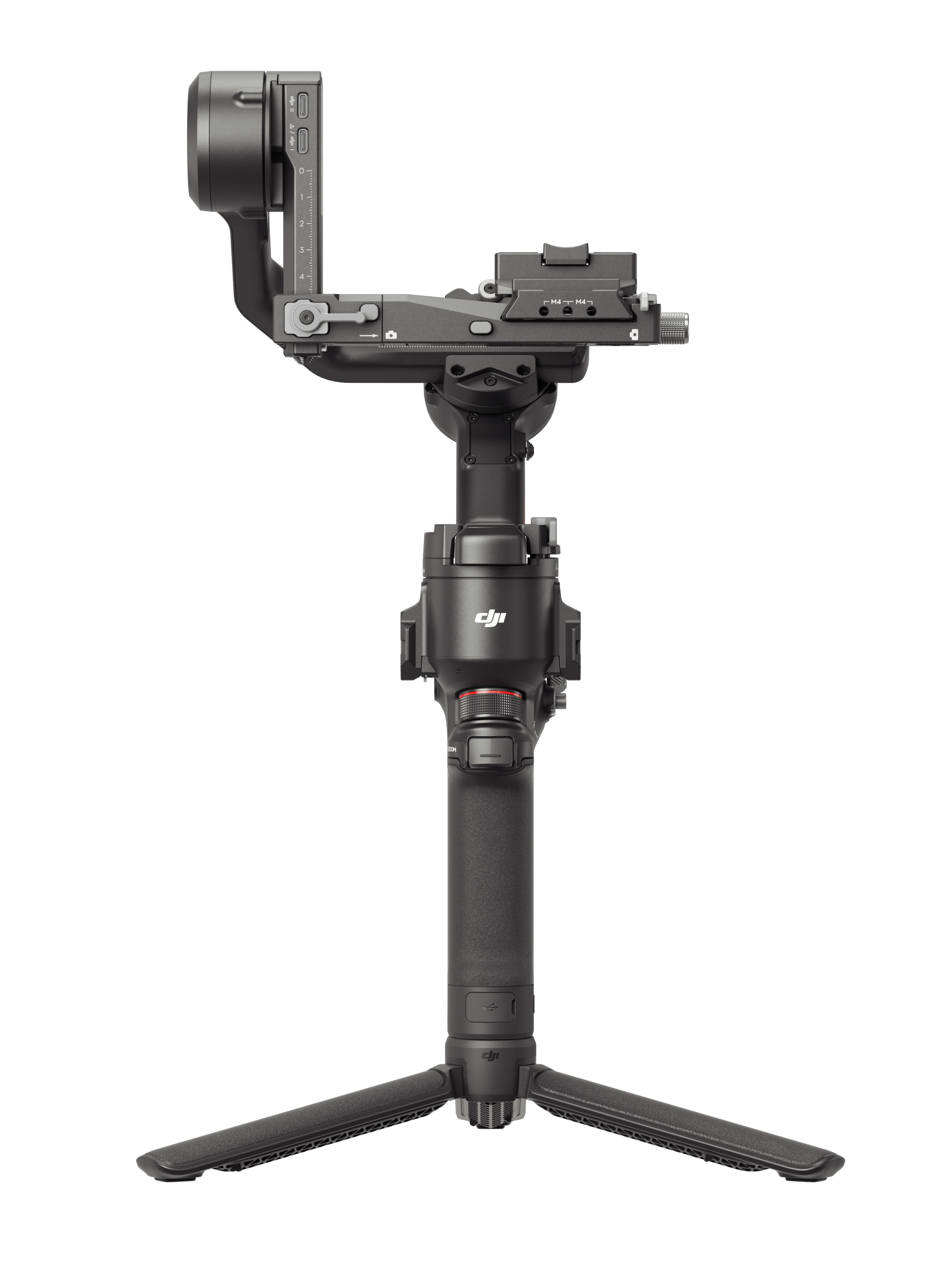 Czarny stabilizator kamery z podstawą statywu, odizolowany na czarnym tle.