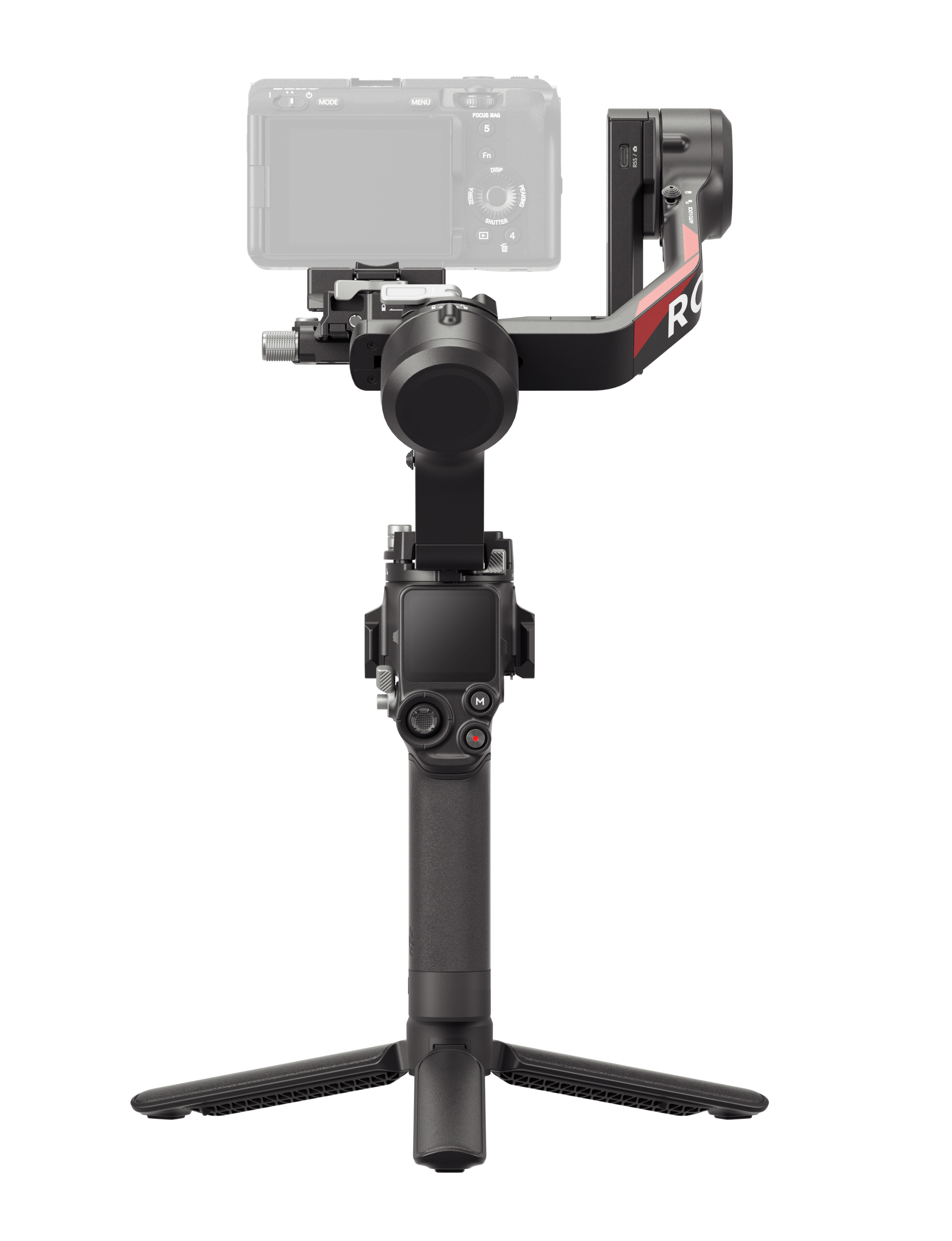 Czarny stabilizator kamery z kamerą zamontowaną na górze, na czarnym tle.