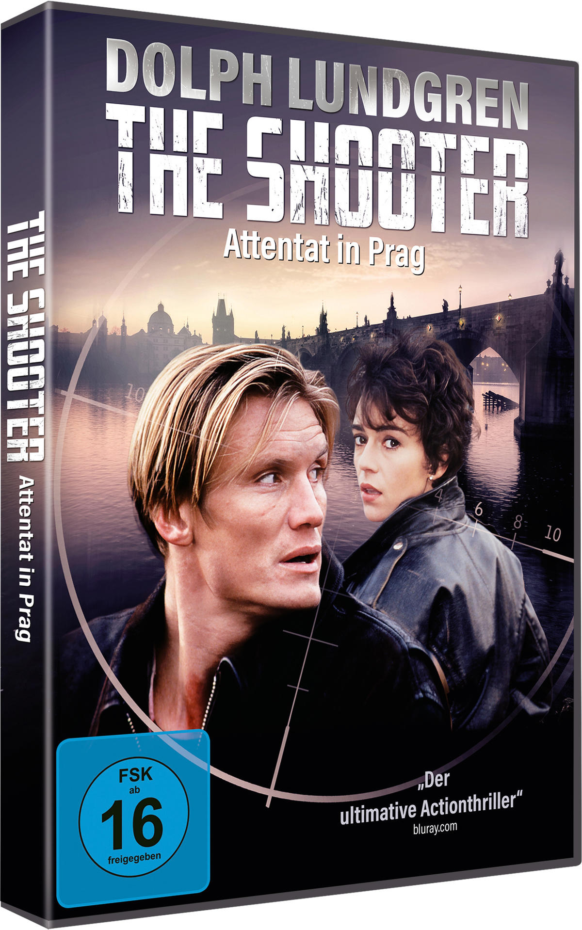 DVD-Cover für 'The Shooter' mit Dolph Lundgren und einer Frau in Prag.