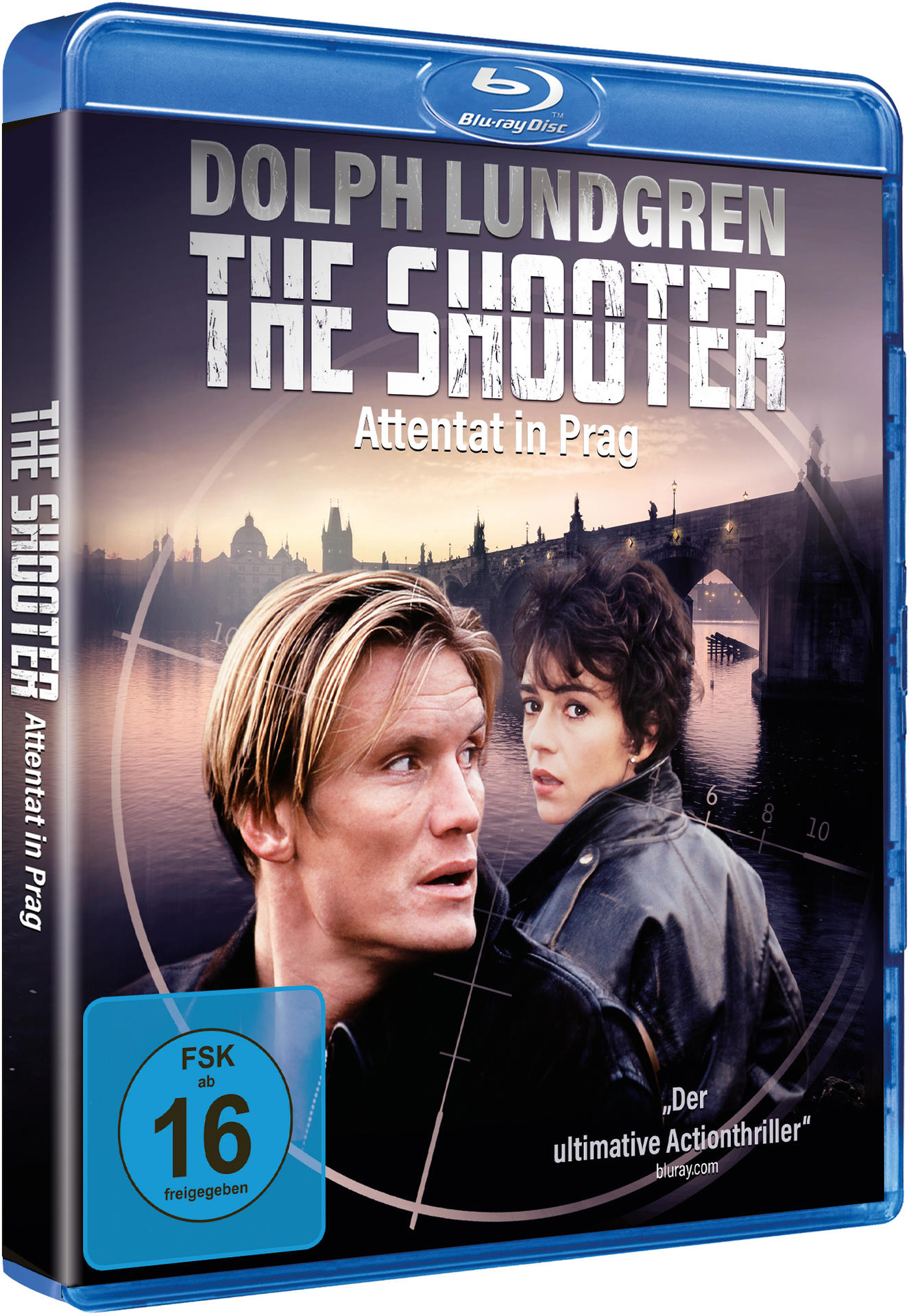 Blu-ray-Cover: Dolph Lundgren in 'The Shooter'. Stadtlandschaft im Hintergrund, mit Text und Filmlogo.