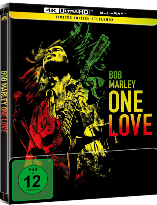 Bob Marley One Love Blu-ray-Cover: Bob mit Gitarre. Schwarzer Hintergrund mit Farben.