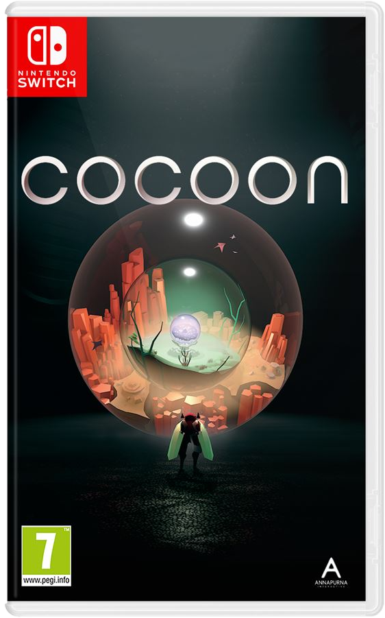 Gamebox art voor 'Cocoon', een rood geklede figuur in een bubbel, surrealistisch landschap.