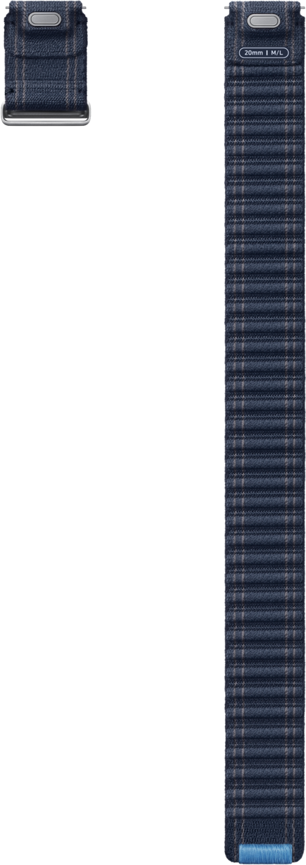 Cinturino per orologio a quadri blu, staccato. Ha una chiusura ed è a righe.