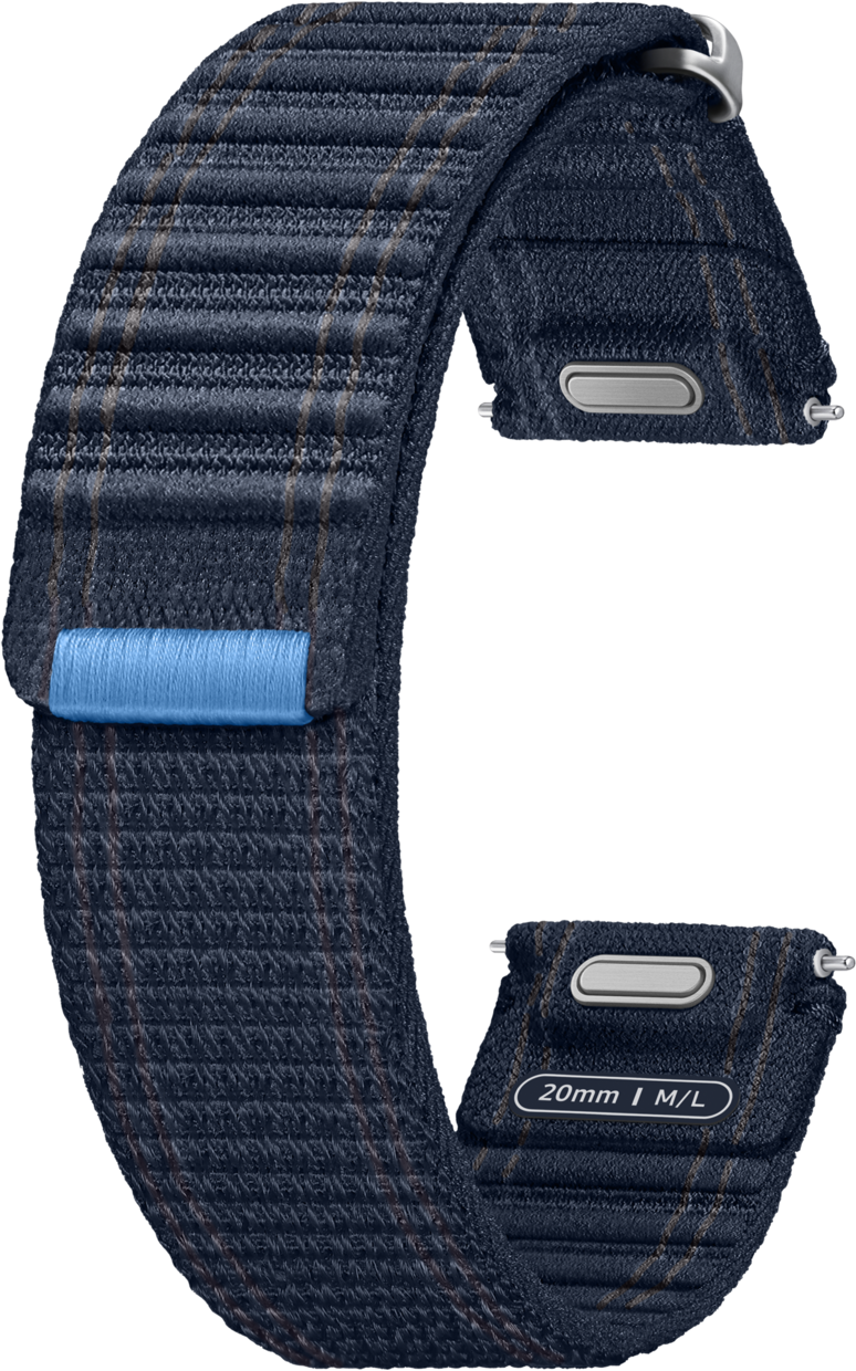 Un cinturino per orologio a quadri blu navy e marrone con un accento azzurro e chiusura in metallo.