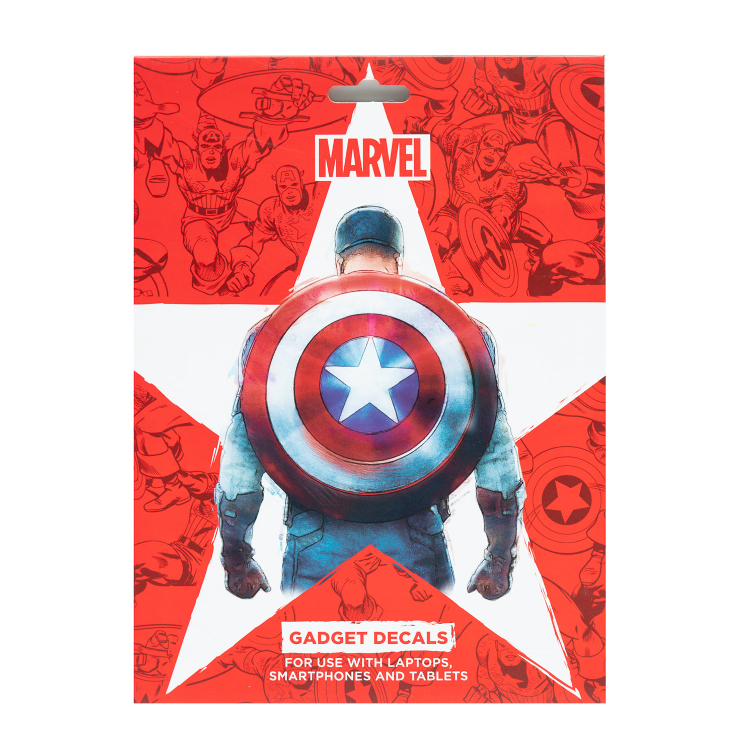 Foglio di adesivi Marvel Captain America, sfondo rosso con immagini di Captain America.